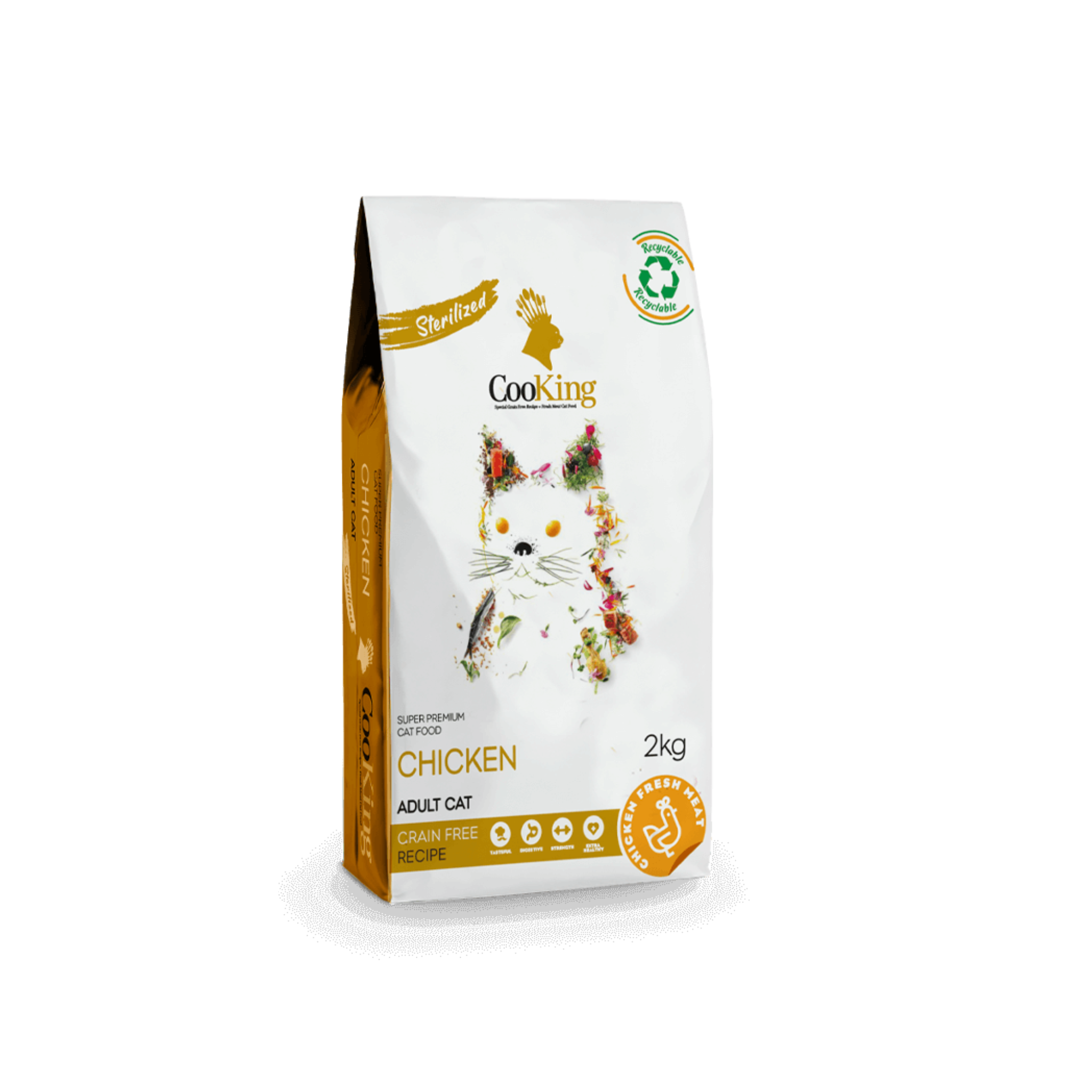 Alimento seco grain free para gatos adultos esterilizados Cooking Cat Sterilized Recipe 2 KG fondo blanco