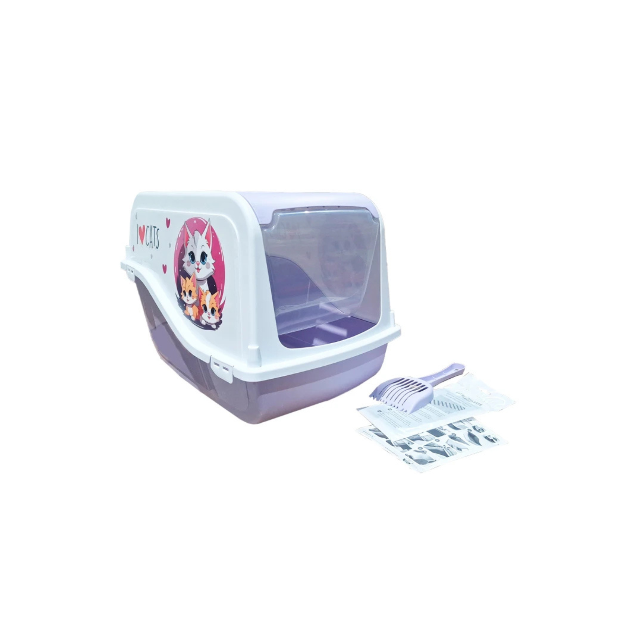 Arenero cerrado para gatos Ariel Love Cats Marbenpets lila con palita 55x36x39cm