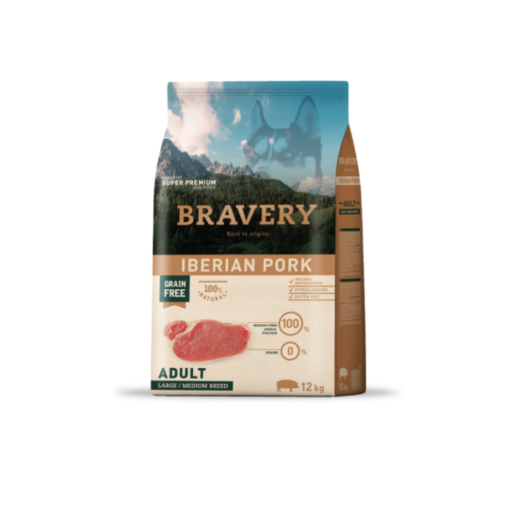 Alimento seco hipoalergénico para perros adultos raza mediana y grande Bravery Cerdo Ibérico 12 KG