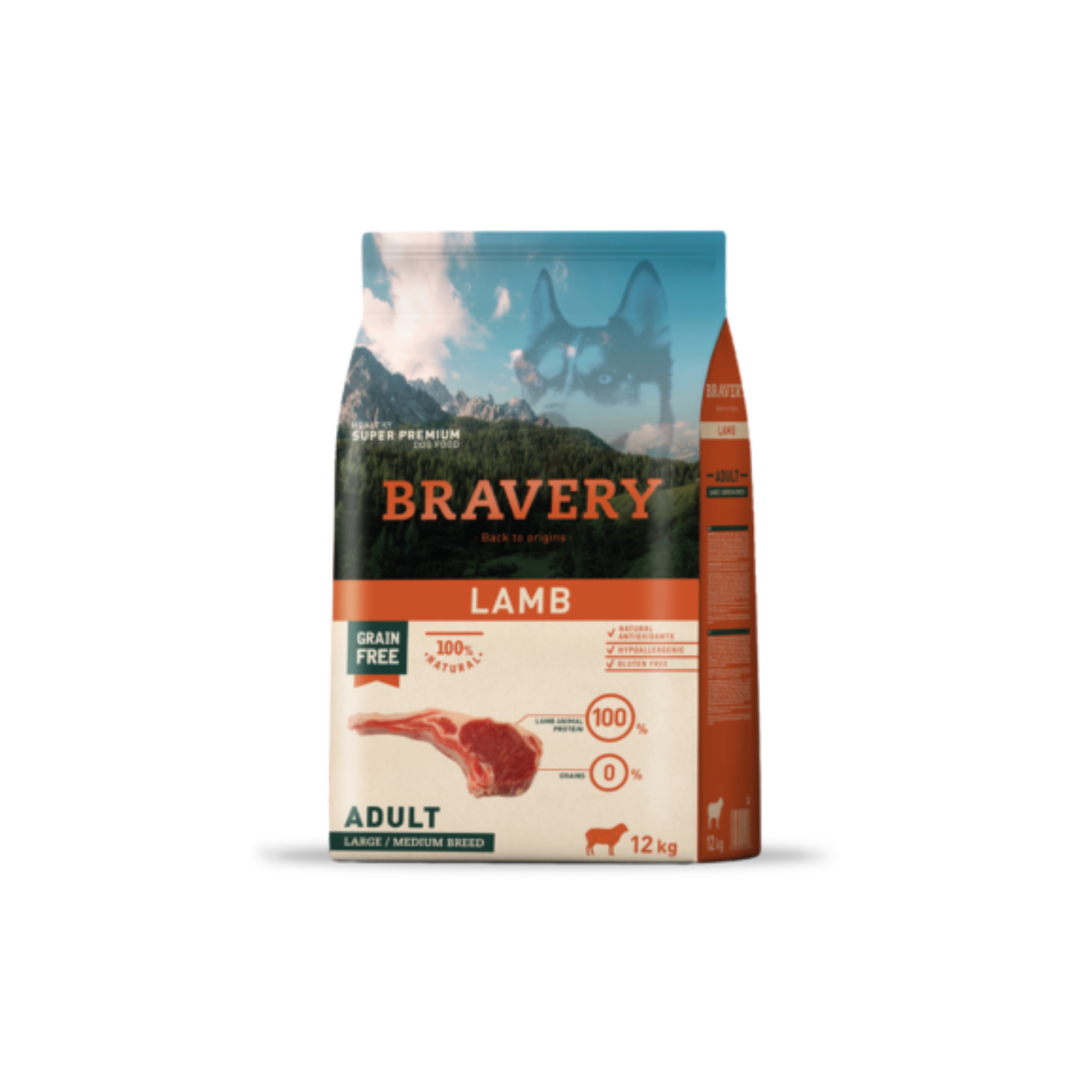 Alimento seco hipoalergénico para perros adultos raza mediana y grande Bravery Cordero 12 KG