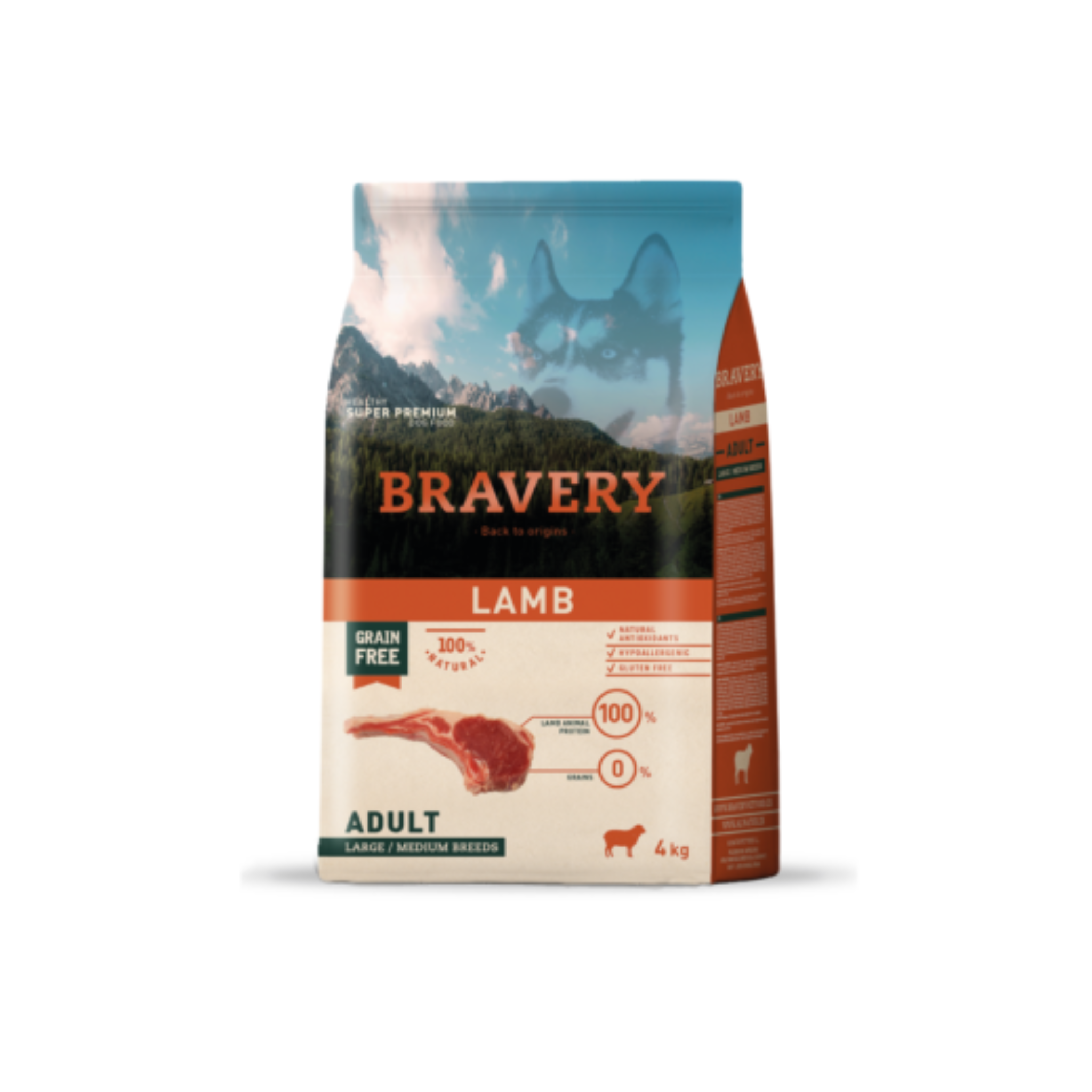 Alimento seco hipoalergénico para perros adultos raza mediana y grande Bravery Cordero 4 KG