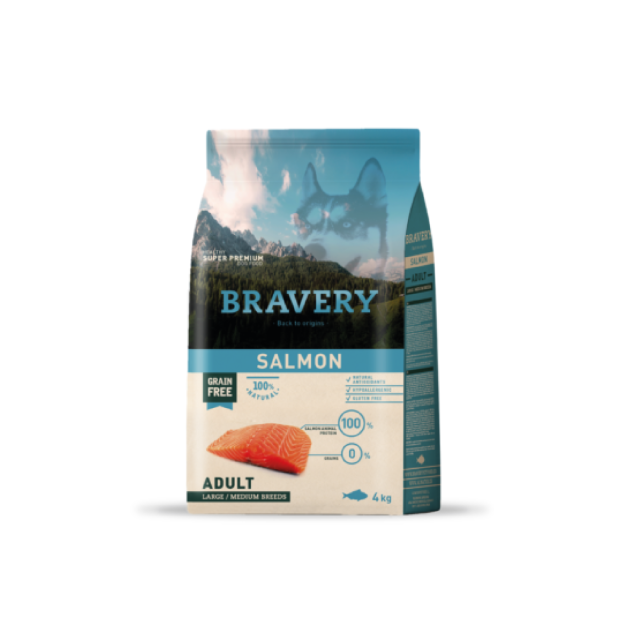 Alimento seco hipoalergénico para perros adultos raza mediana y grande Bravery Salmón 4 KG