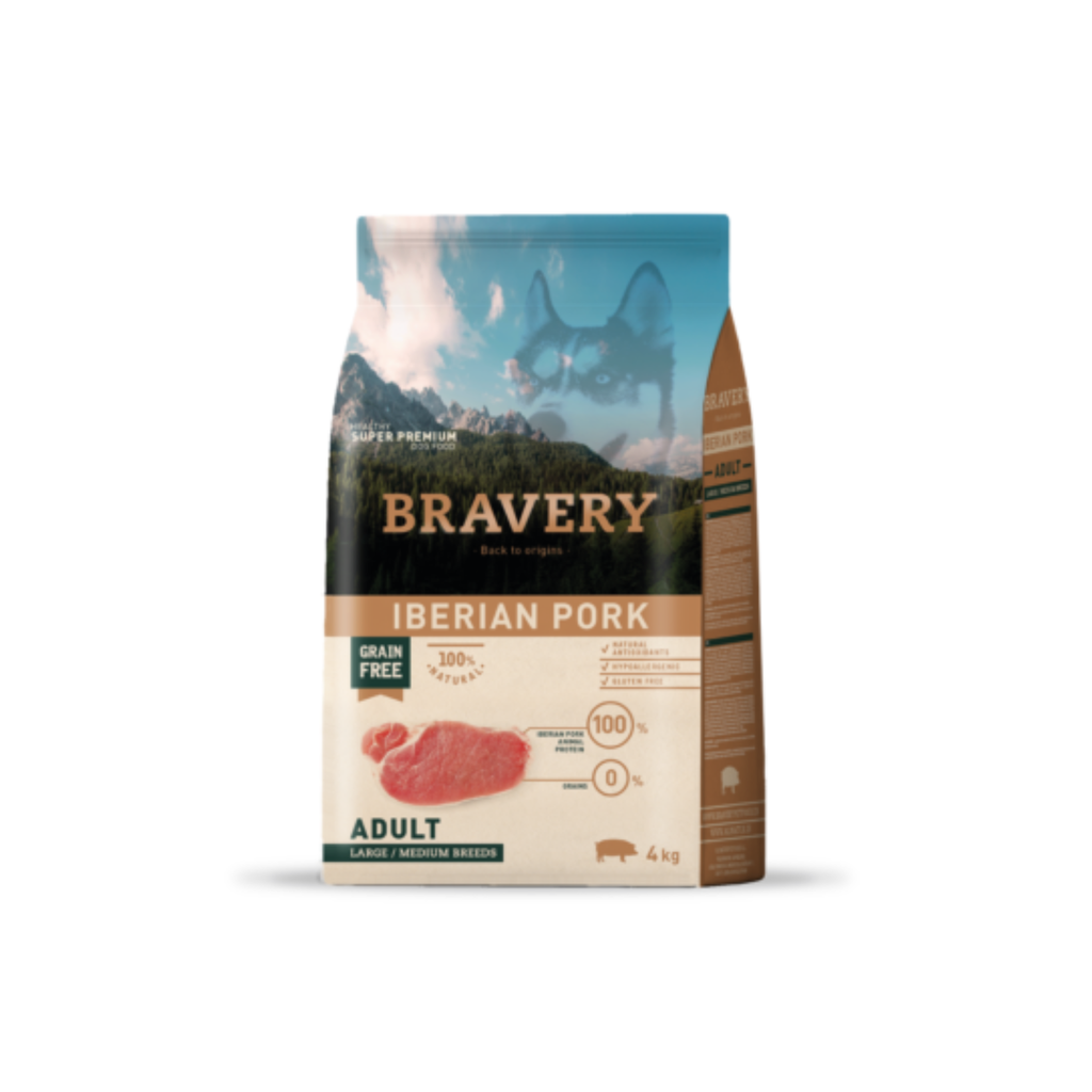 Alimento seco hipoalergénico para perros adultos raza mediana y grande Bravery Cerdo Ibérico 4 KG