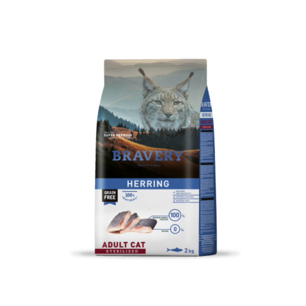 Alimento seco hipoalergénico para gatos adultos esterilizados Bravery Arenque Sterilized 2 KG