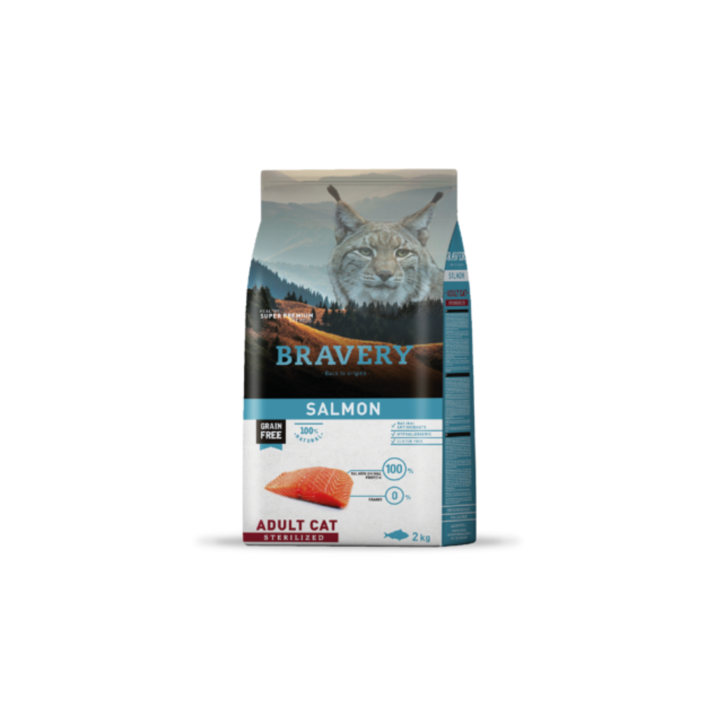 Alimento seco hipoalergénico para gatos adultos esterilizados Bravery Salmón Sterilized 2 KG