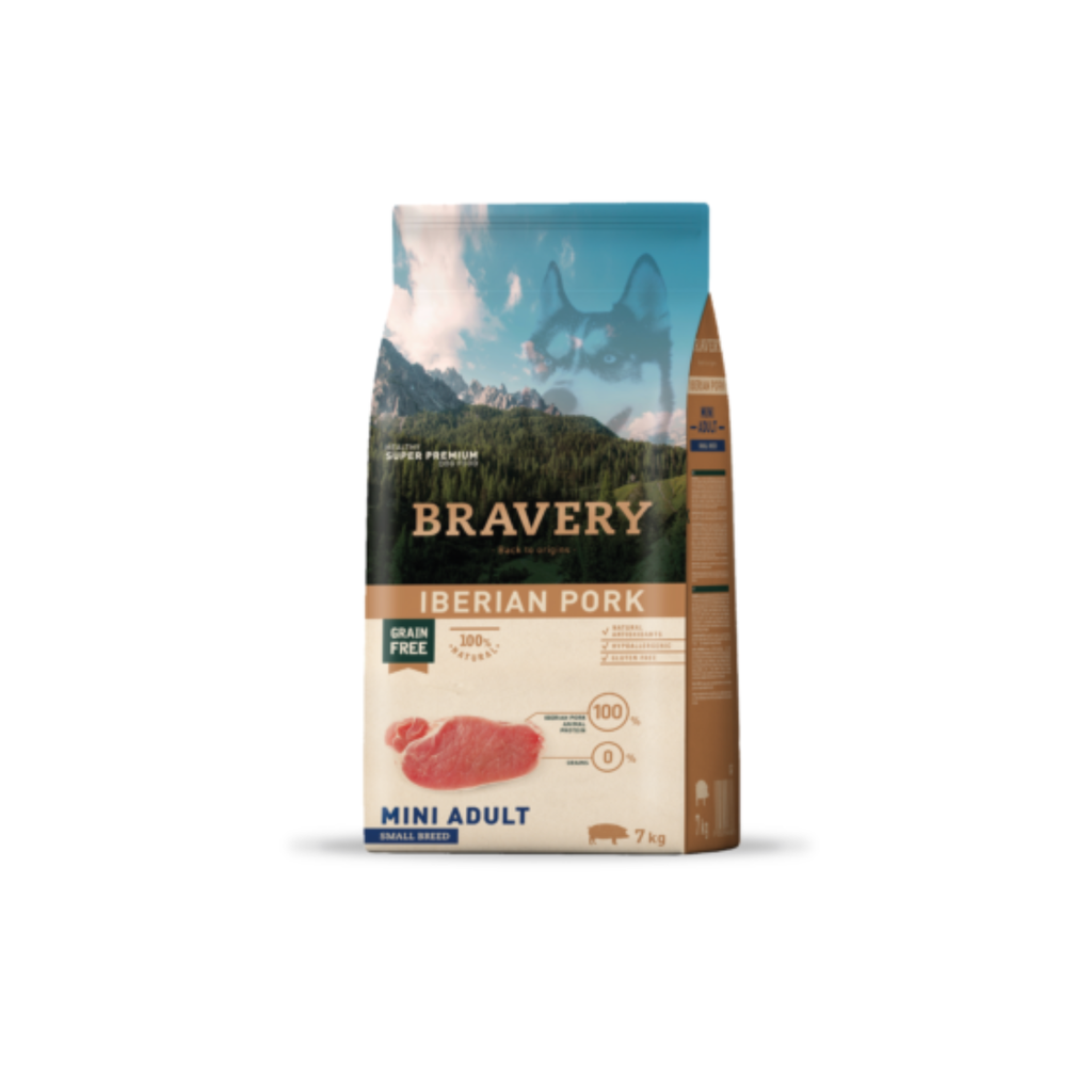 Alimento seco hipoalergénico para perros adultos raza pequeña Bravery Cerdo Ibérico 7 KG