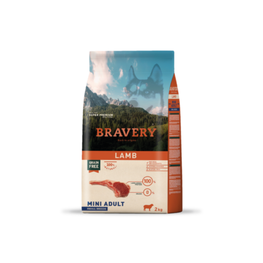 Alimento seco hipoalergénico para perros adultos raza pequeña Bravery Cordero 2 KG