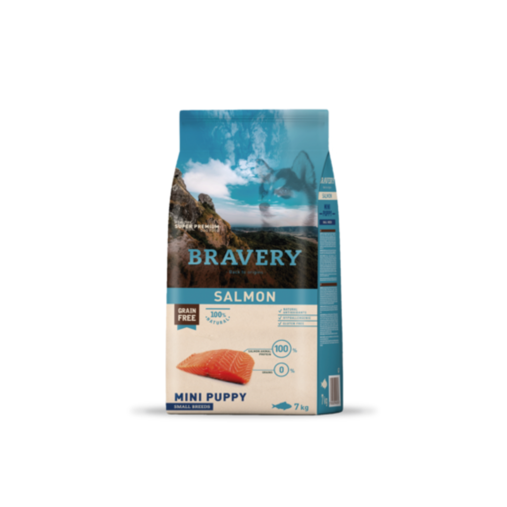 Alimento seco hipoalergénico para cachorros raza pequeña Bravery Salmón Mini Puppy 7 KG