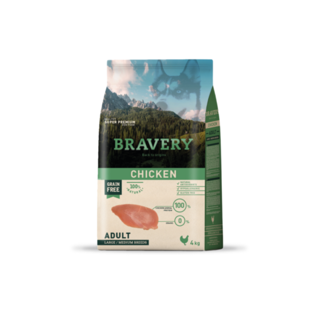 Alimento seco hipoalergénico para perros adultos raza mediana y grande Bravery Pollo 4 KG