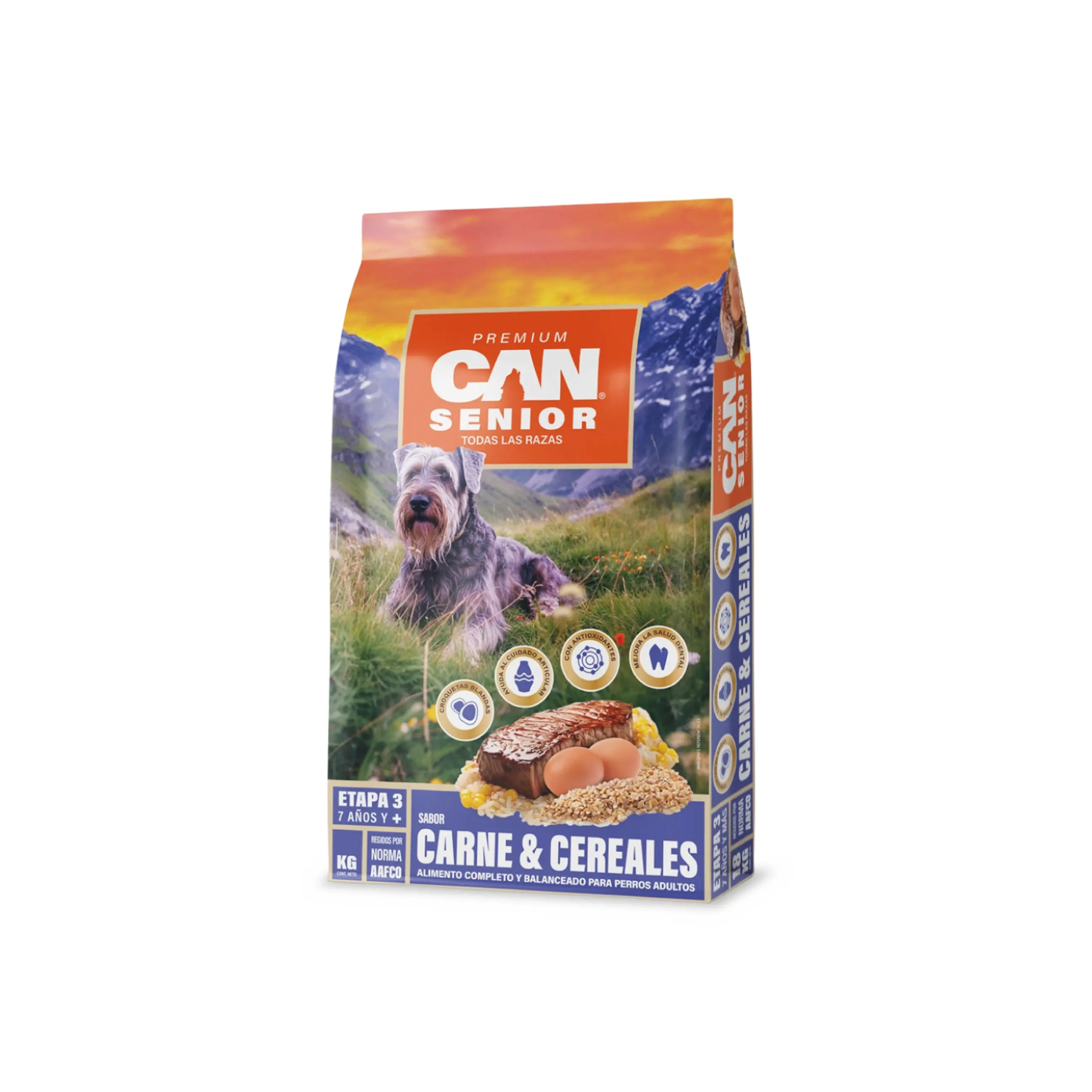 Alimento seco para perros senior todas las razas CAN carne y cereales 18 KG fondo blanco
