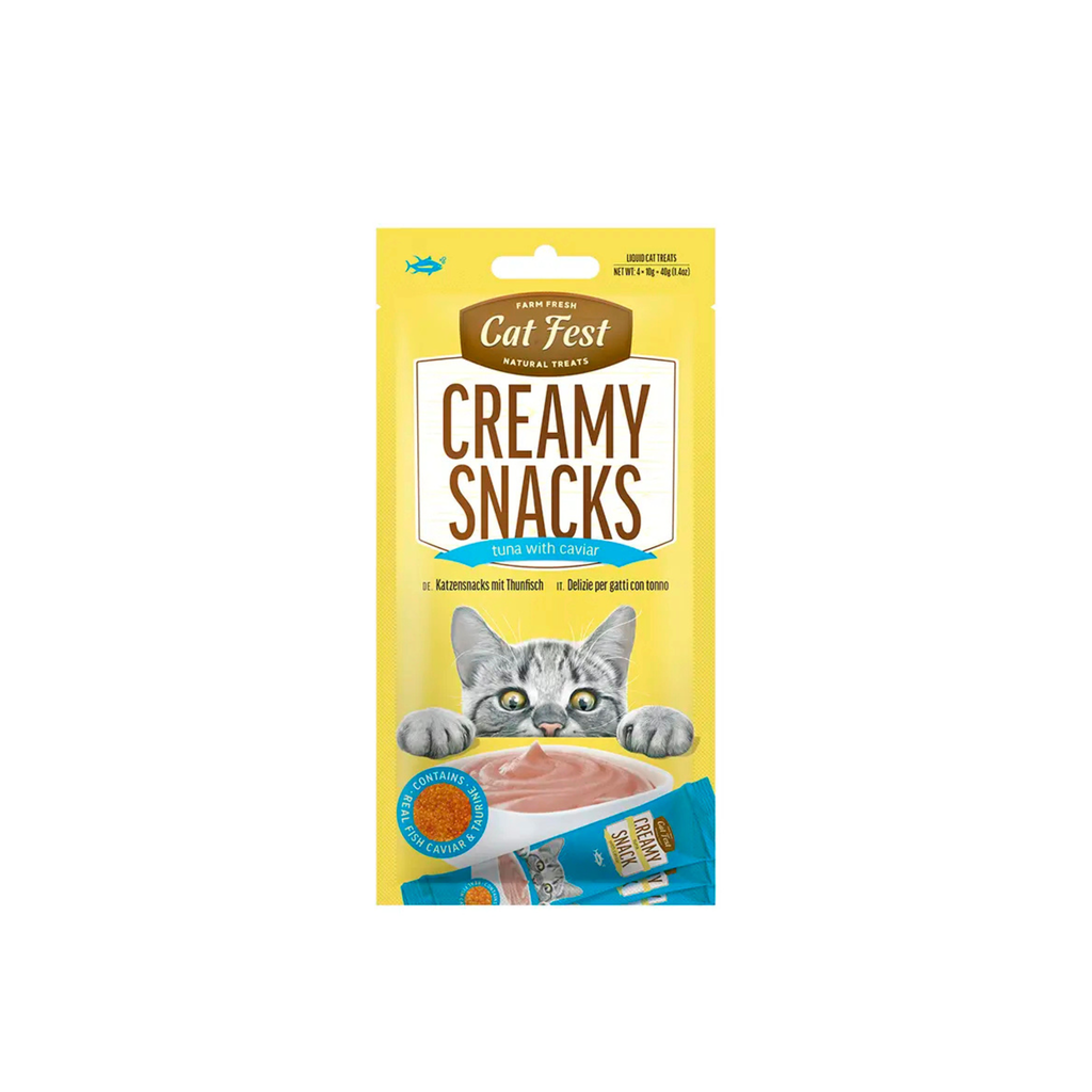 Snack cremoso con caviar para gatos CatFest Creamy sabor atún pack 4x10 GR fondo blanco