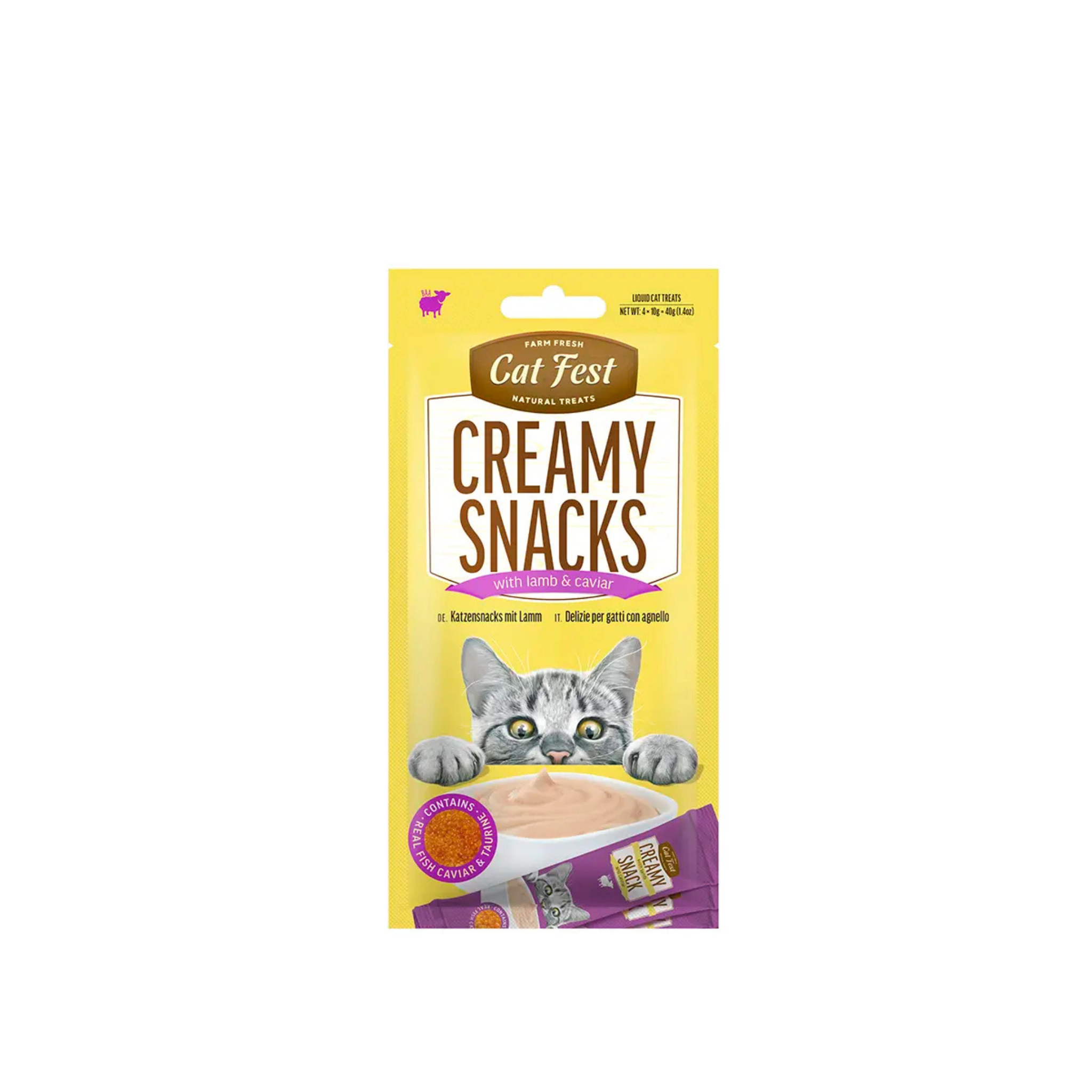 Snack cremoso con caviar para gatos CatFest Creamy sabor cordero pack 4x10 GR fondo blanco