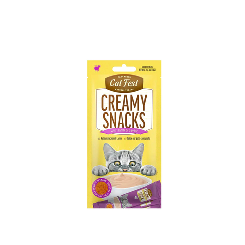 Snack cremoso con caviar para gatos CatFest Creamy sabor cordero pack 4x10 GR fondo blanco