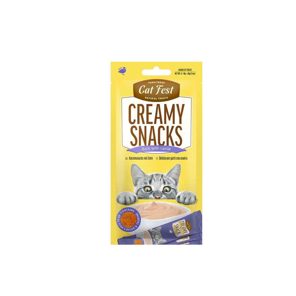 Snack cremoso con caviar para gatos CatFest Creamy sabor pato pack 4x10 GR fondo blanco