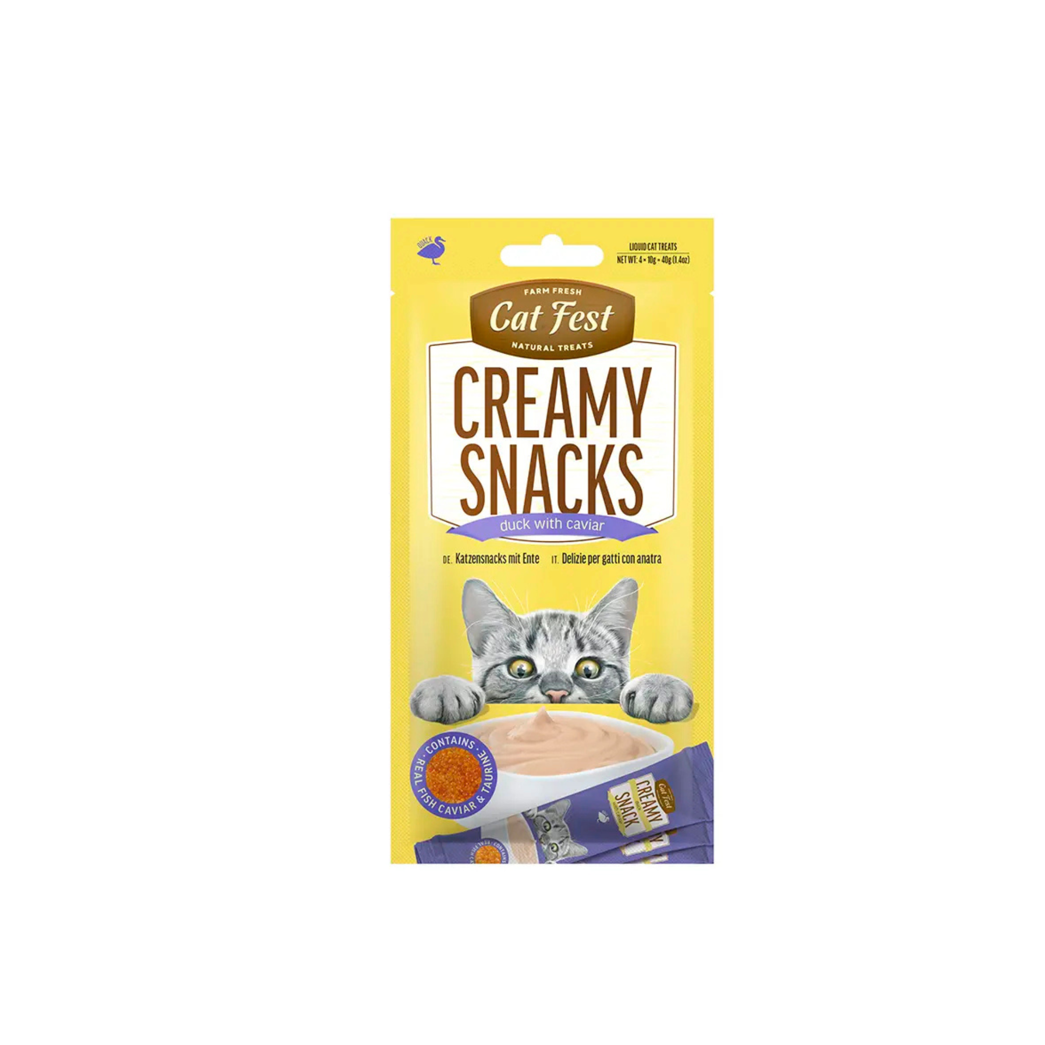 Snack cremoso con caviar para gatos CatFest Creamy sabor pato pack 4x10 GR fondo blanco