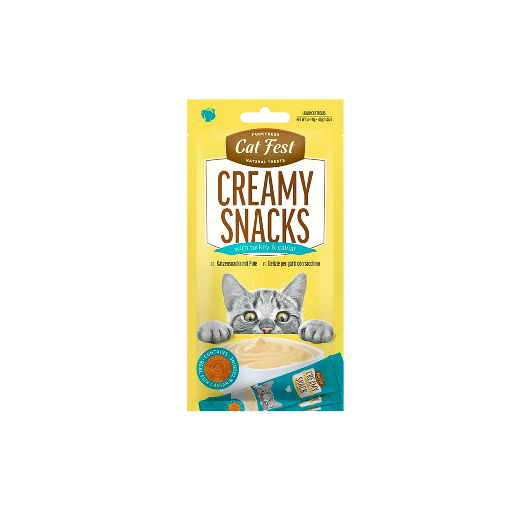 Snack cremoso con caviar para gatos CatFest Creamy sabor pavo pack 4x10 GR fondo blanco