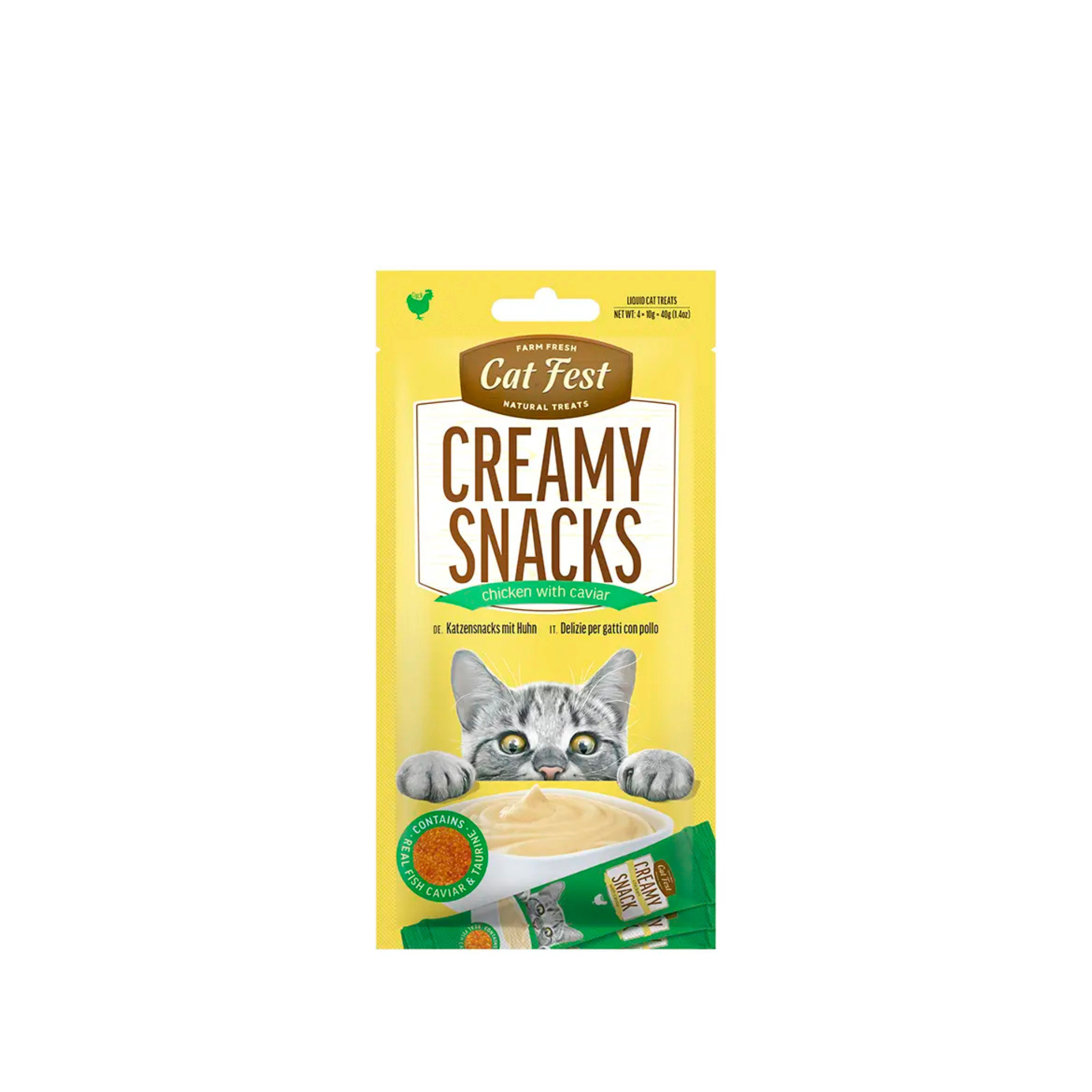 Snack cremoso con caviar para gatos CatFest Creamy sabor pollo pack 4x10 GR fondo blanco