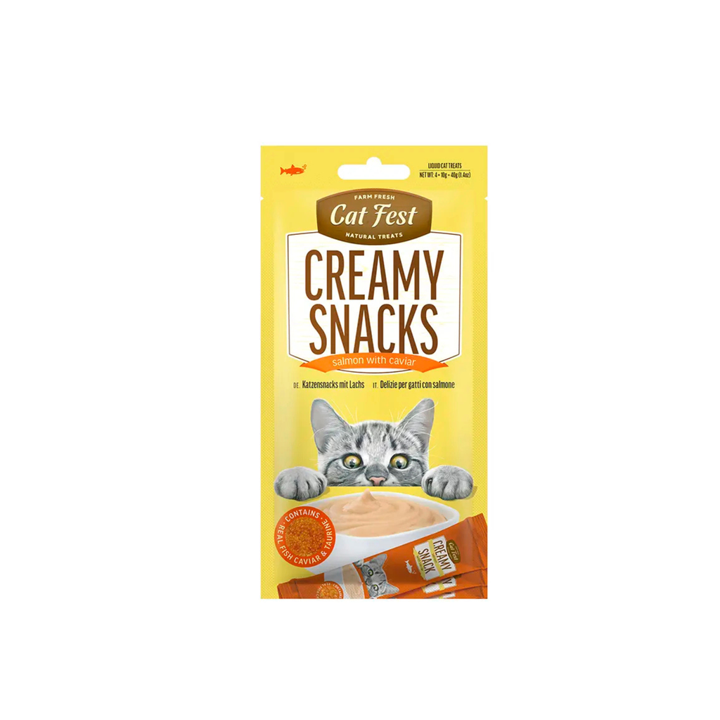 Snack cremoso con caviar para gatos CatFest Creamy sabor salmón pack 4x10 GR fondo blanco