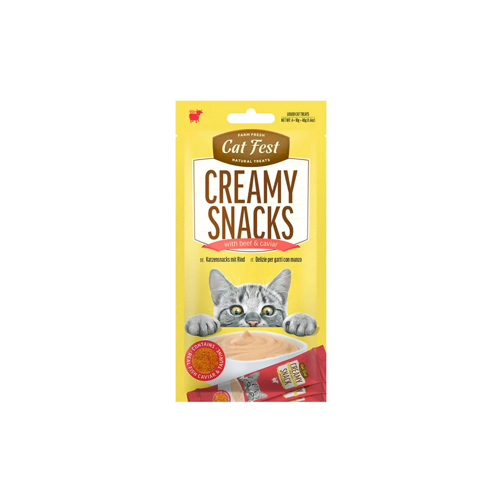 Snack cremoso con caviar para gatos CatFest Creamy sabor ternera pack 4x10 GR fondo blanco