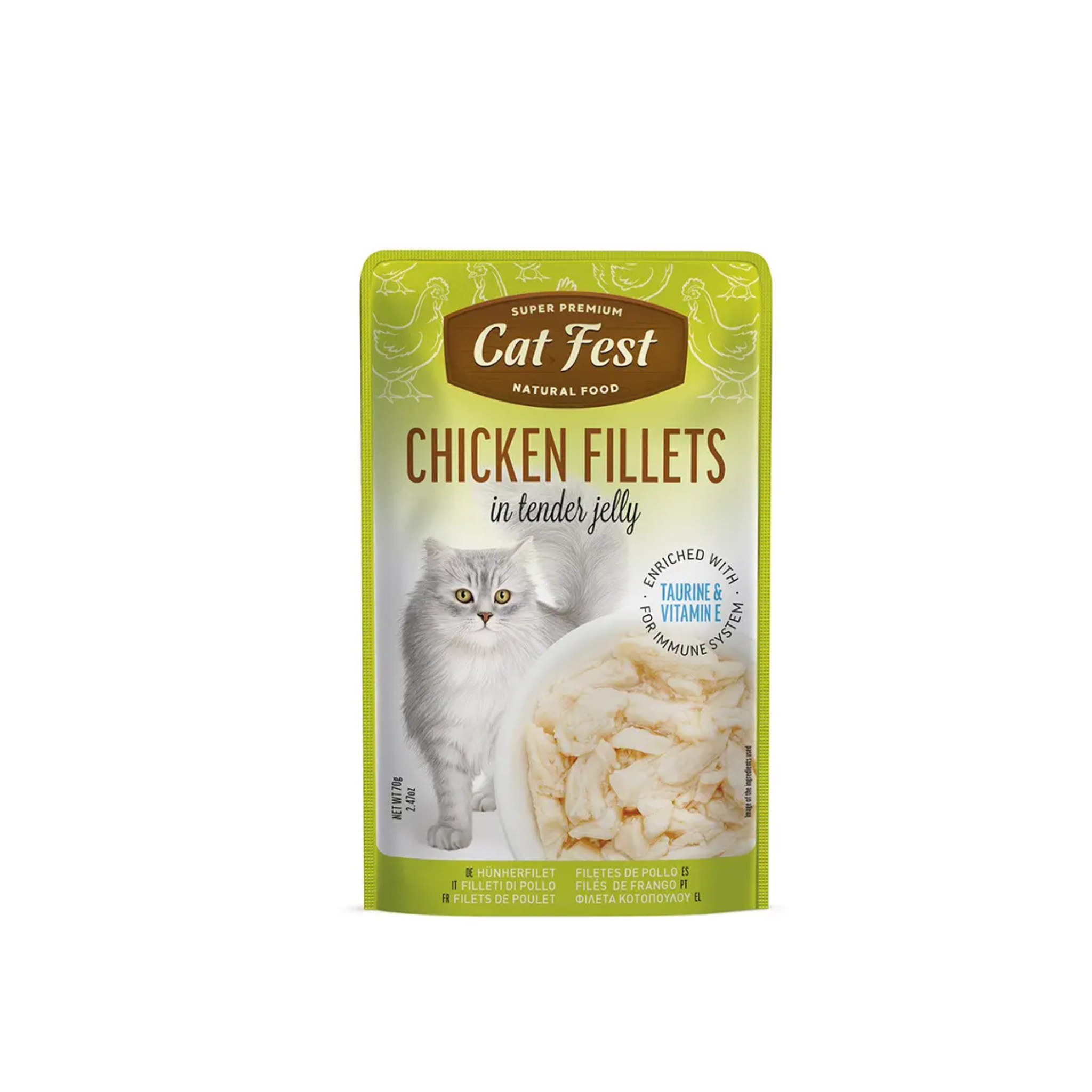 Alimento húmedo sachet filetes de pollo para gatos adultos CatFest Pouch 70 GR fondo blanco