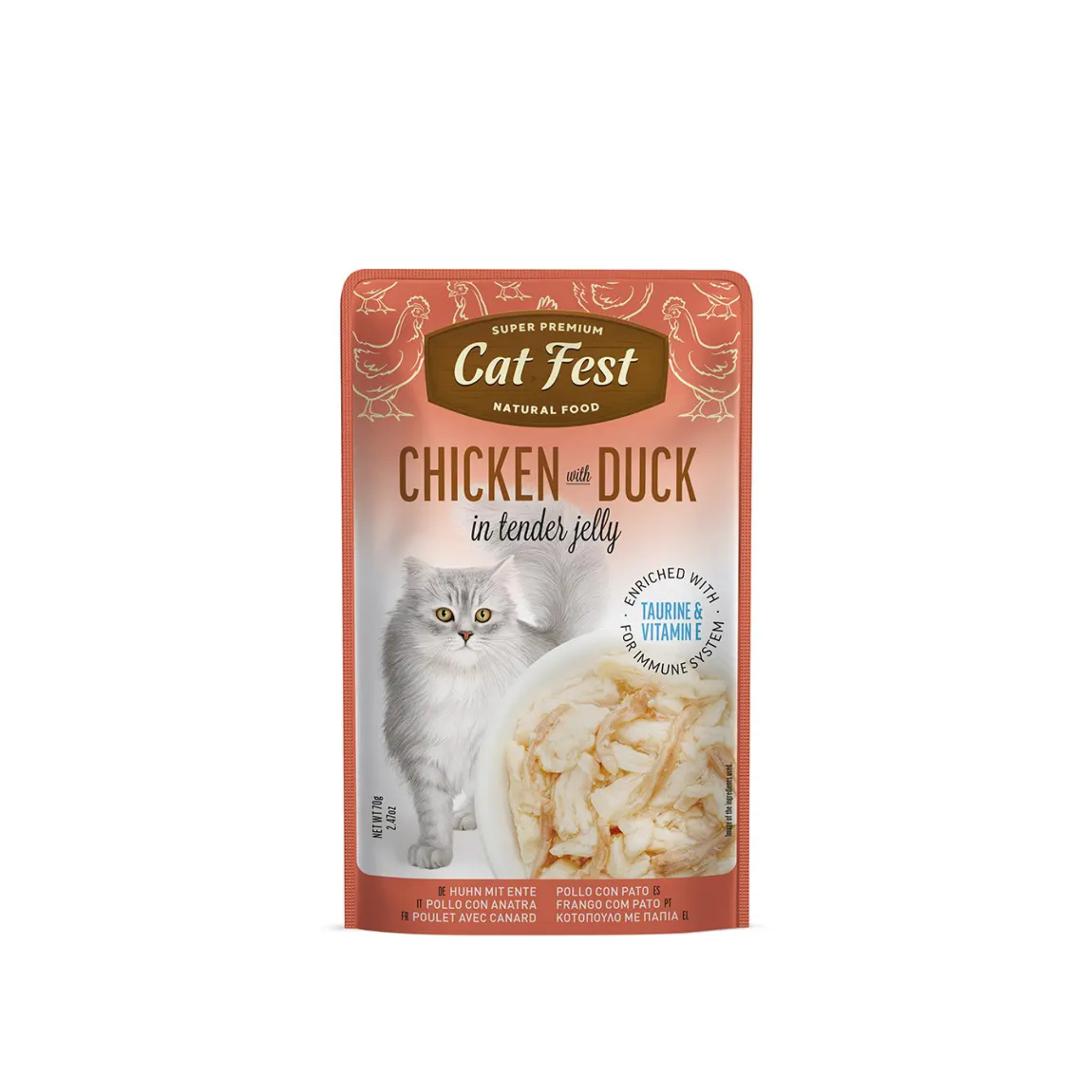 Alimento húmedo sachet pollo con pato para gatos adultos CatFest Pouch 70 GR fondo blanco