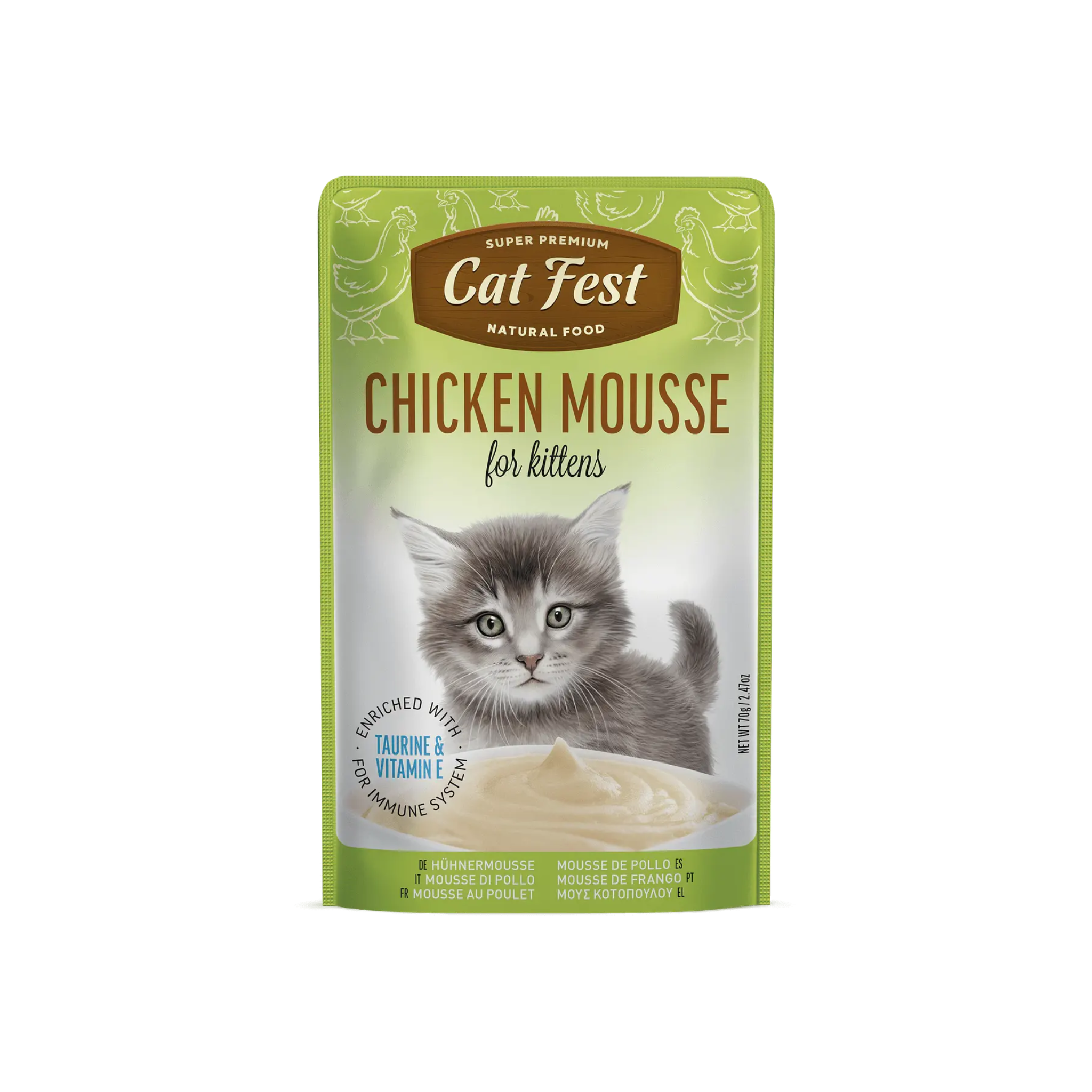 Alimento húmedo mousse de pollo para gatitos CatFest Pouch 70 GR fondo blanco