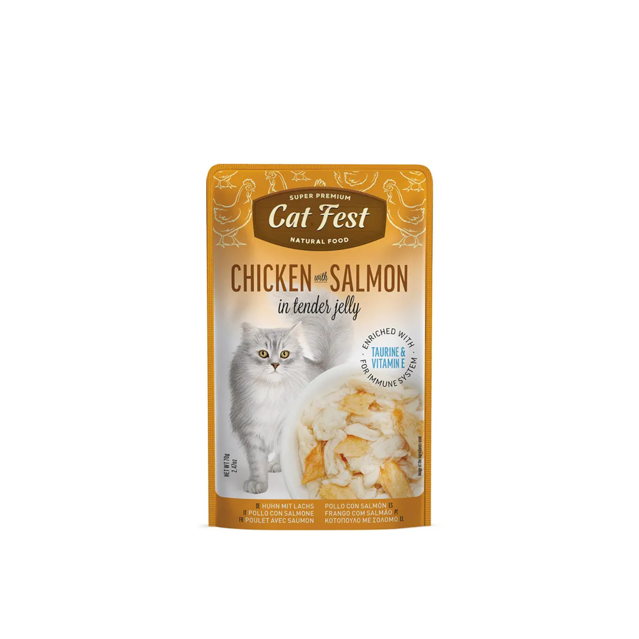 Alimento húmedo sachet pollo con salmón para gatos adultos CatFest Pouch 70 GR fondo blanco