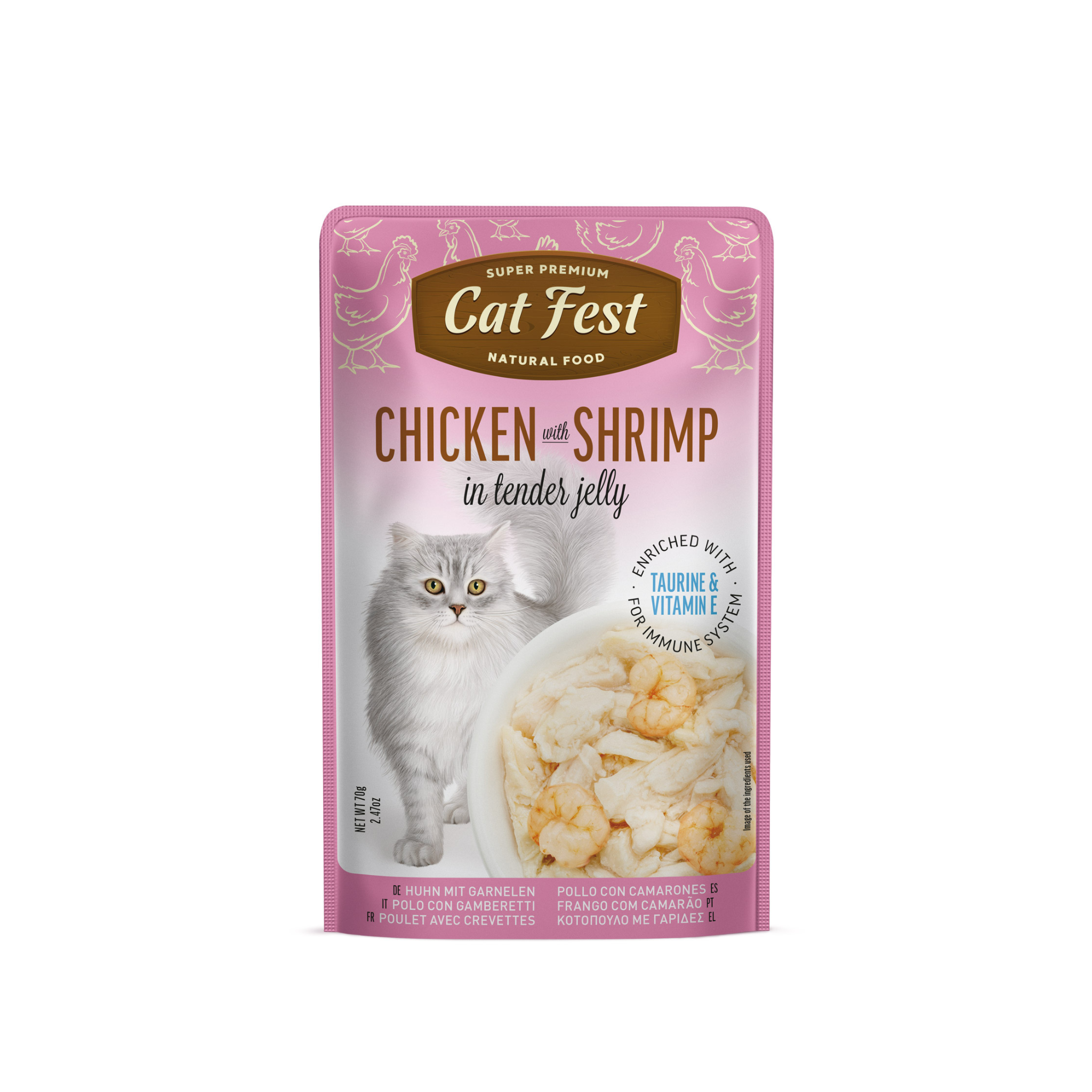 Alimento húmedo sachet pollo con camarón para gatos adultos CatFest Pouch 70 GR fondo blanco