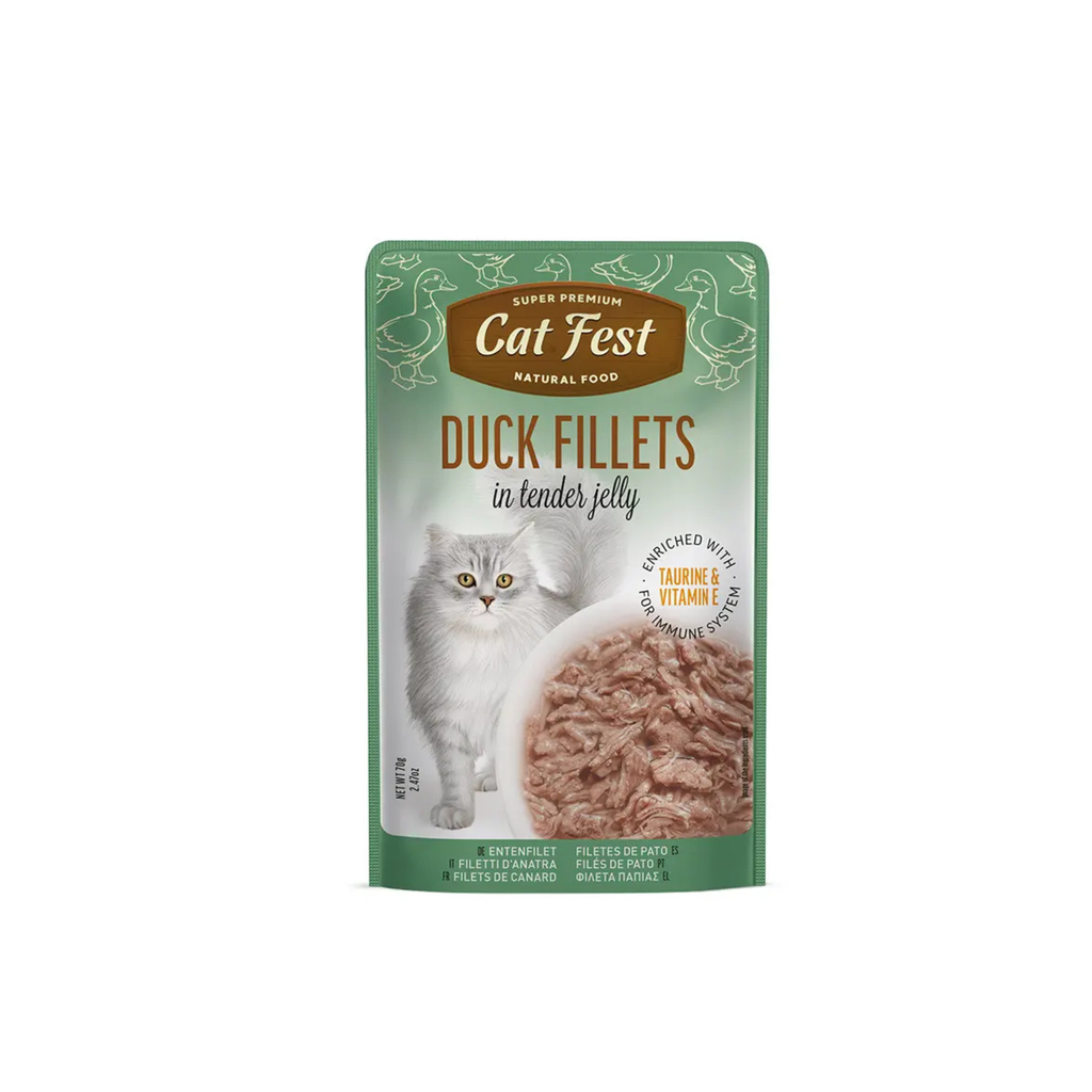 Alimento húmedo sachet filetes de pato para gatos adultos CatFest Pouch 70 GR fondo blanco