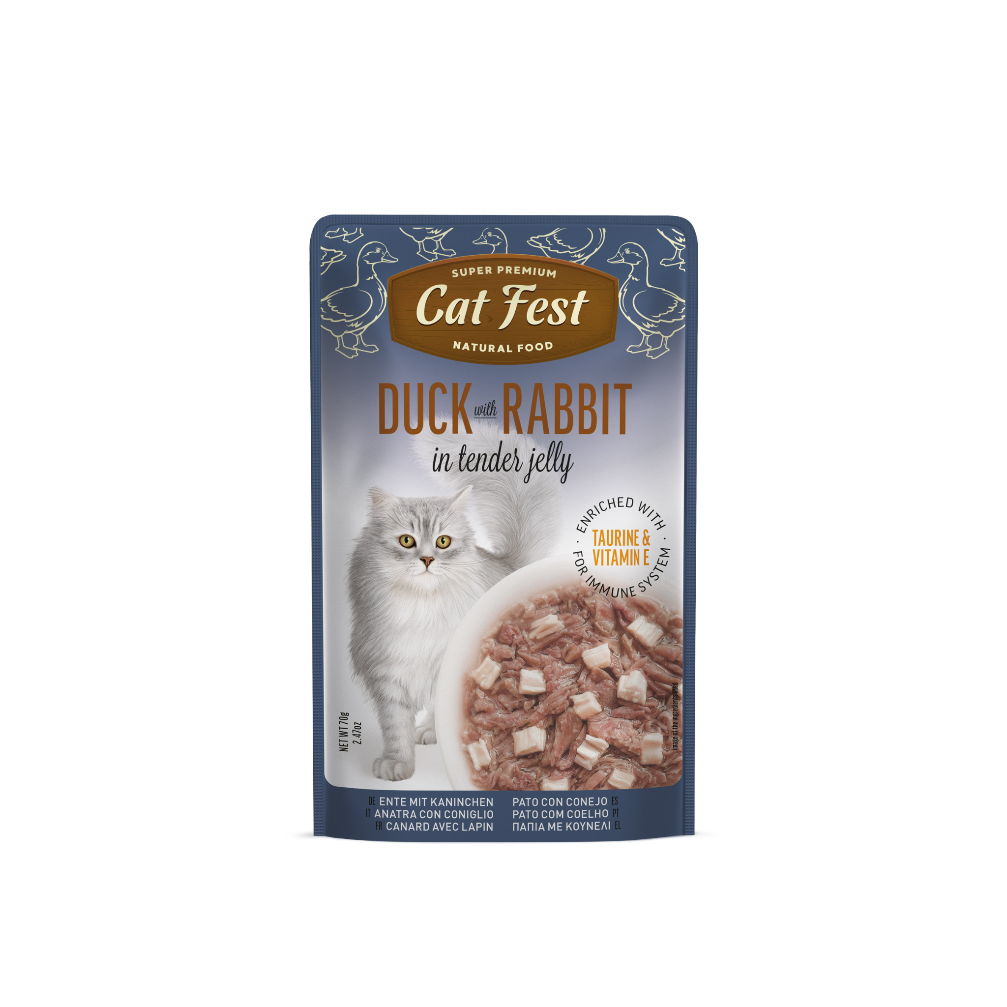 Alimento húmedo sachet pato con conejo para gatos adultos CatFest Pouch 70 GR fondo blanco