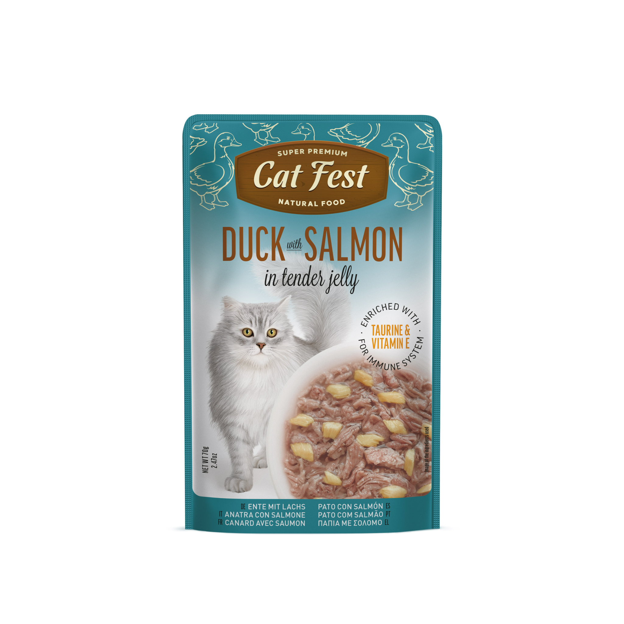 Alimento húmedo sachet pato con salmón para gatos adultos CatFest Pouch 70 GR fondo blanco