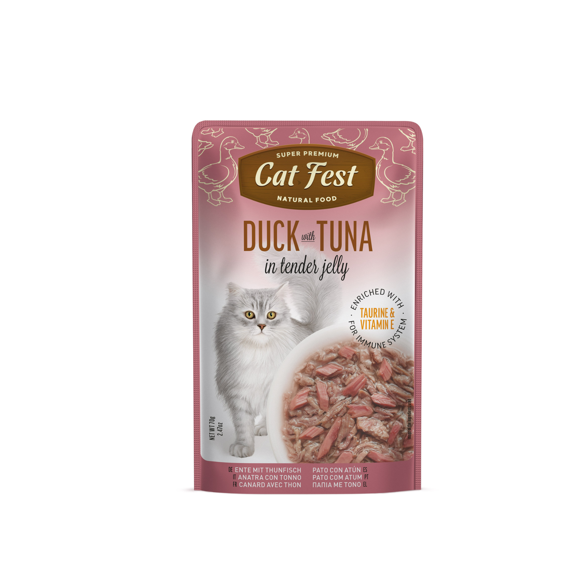 Alimento húmedo sachet pato con atún para gatos adultos CatFest Pouch 70 GR fondo blanco