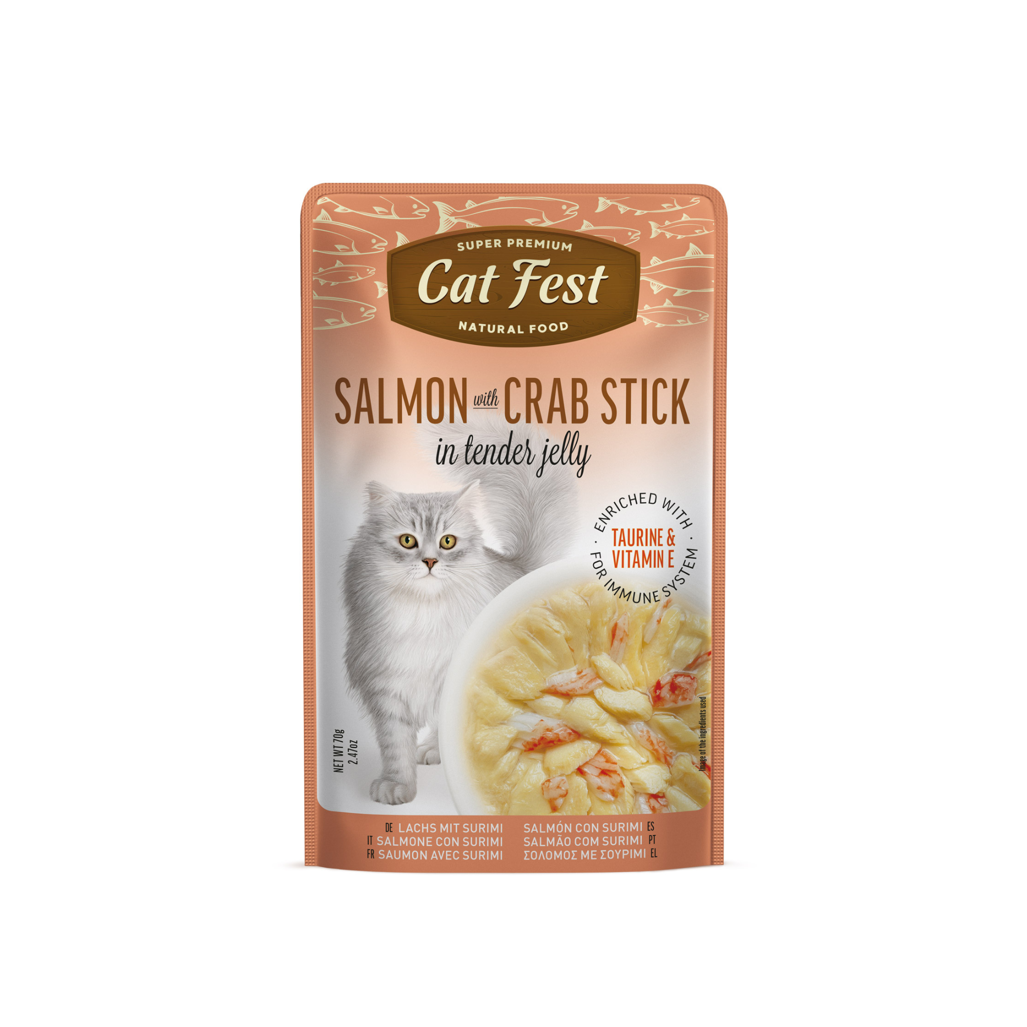 Alimento húmedo sachet salmón con palito de cangrejo para gatos adultos CatFest Pouch 70 GR fondo blanco
