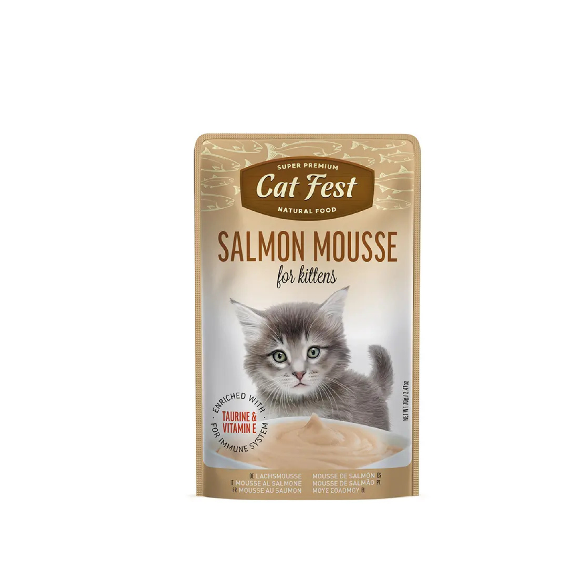 Alimento húmedo mousse de salmón para gatitos CatFest Pouch 70 GR fondo blanco