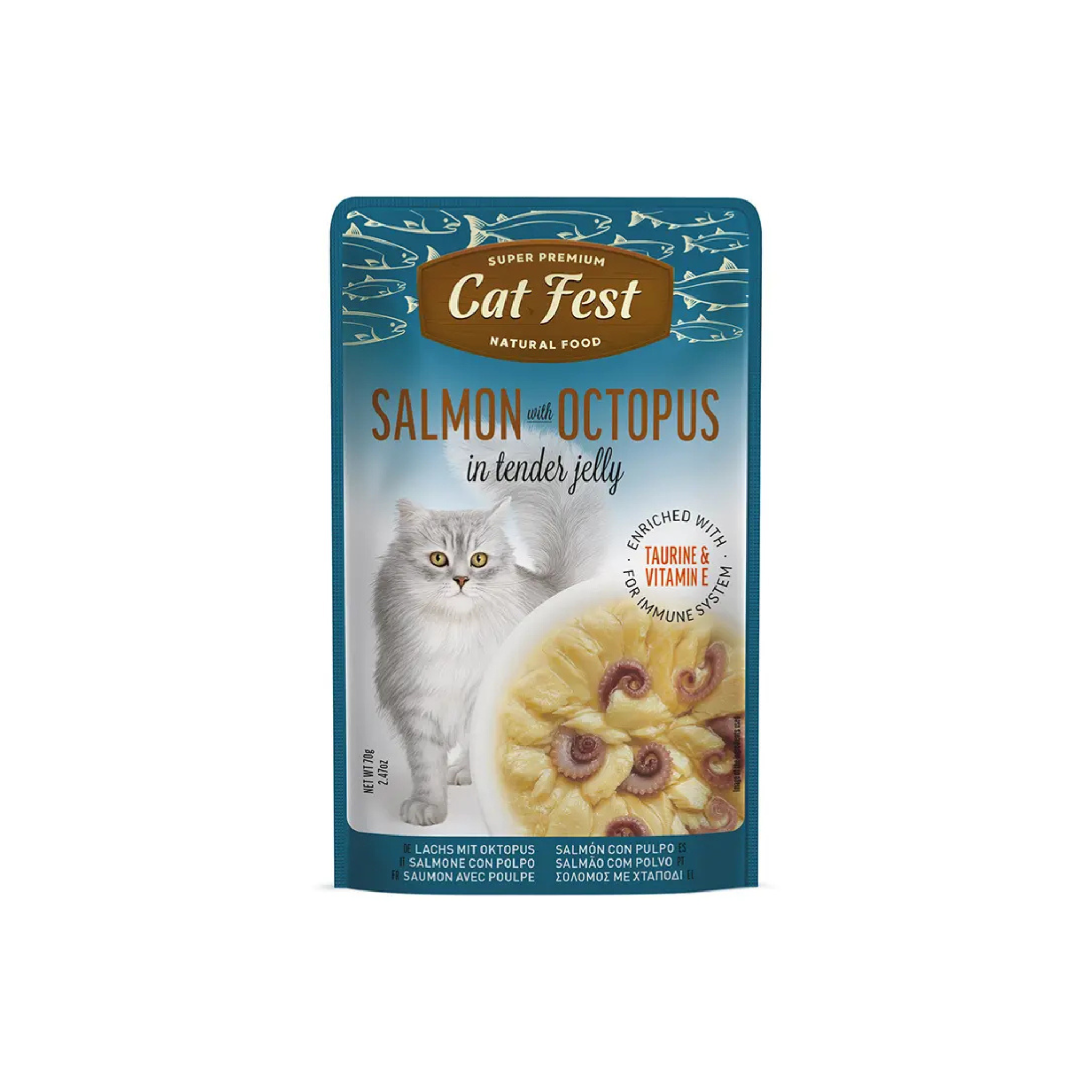Alimento húmedo sachet salmón con pulpo para gatos adultos CatFest Pouch 70 GR fondo blanco