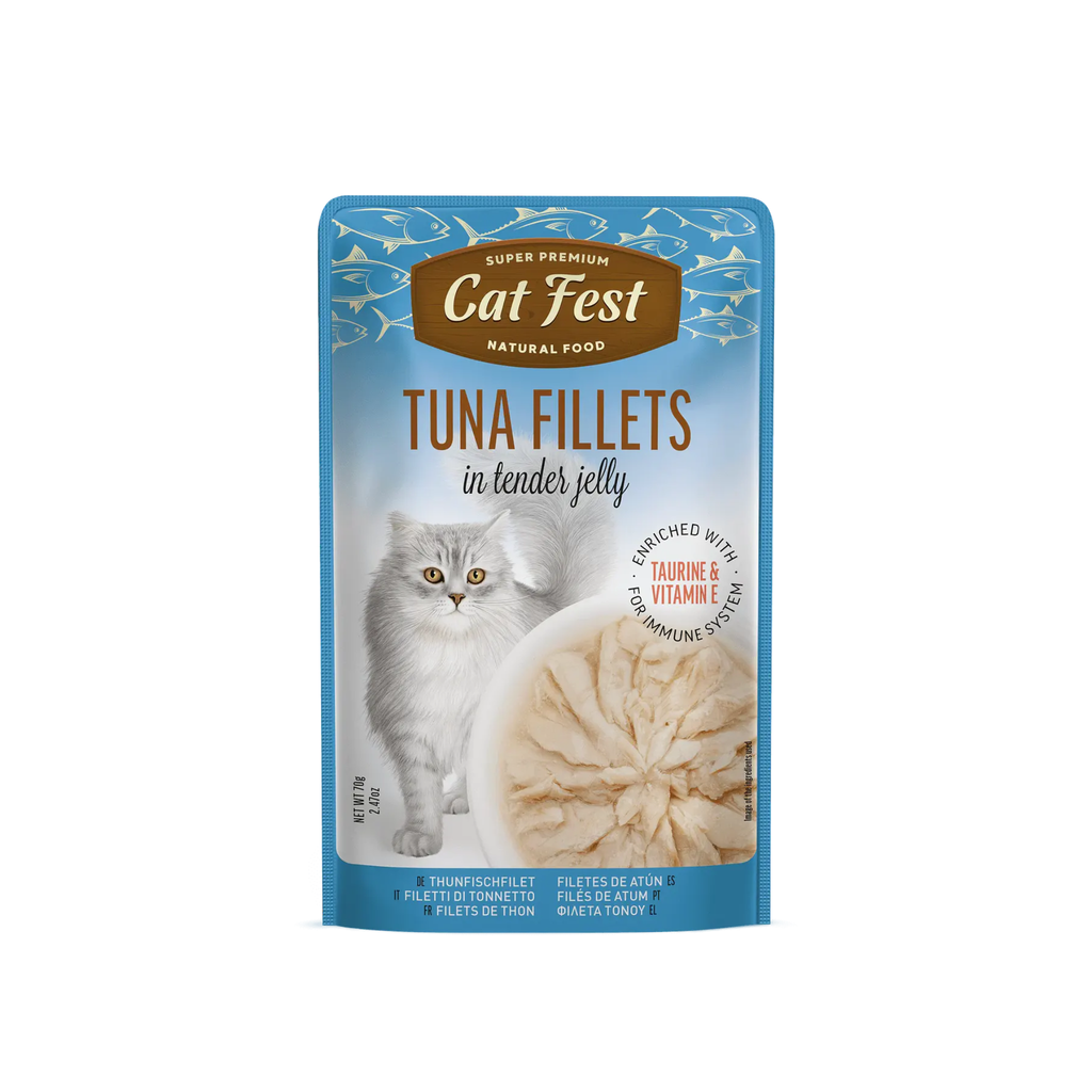 Alimento húmedo sachet filetes de atún para gatos adultos CatFest Pouch 70 GR fondo blanco
