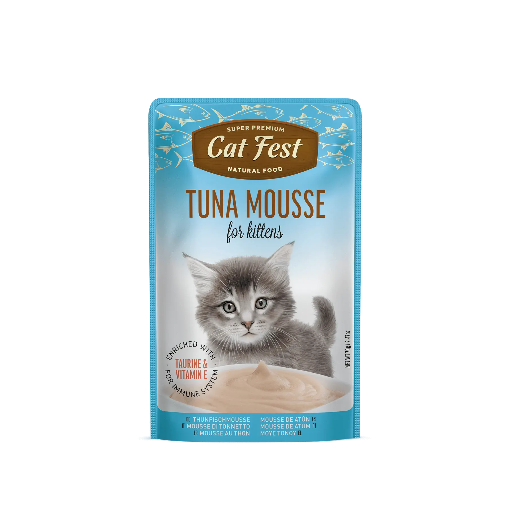 Alimento húmedo mousse de atún para gatitos CatFest Pouch 70 GR fondo blanco