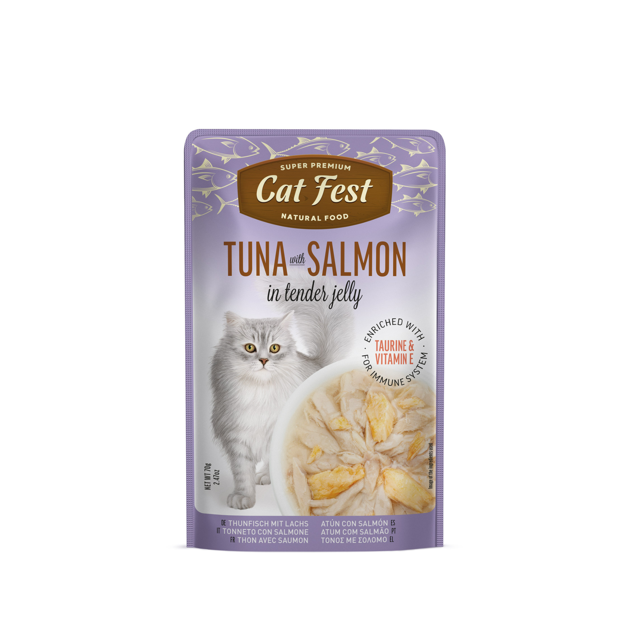 Alimento húmedo sachet atún con salmón para gatos adultos CatFest Pouch 70 GR fondo blanco