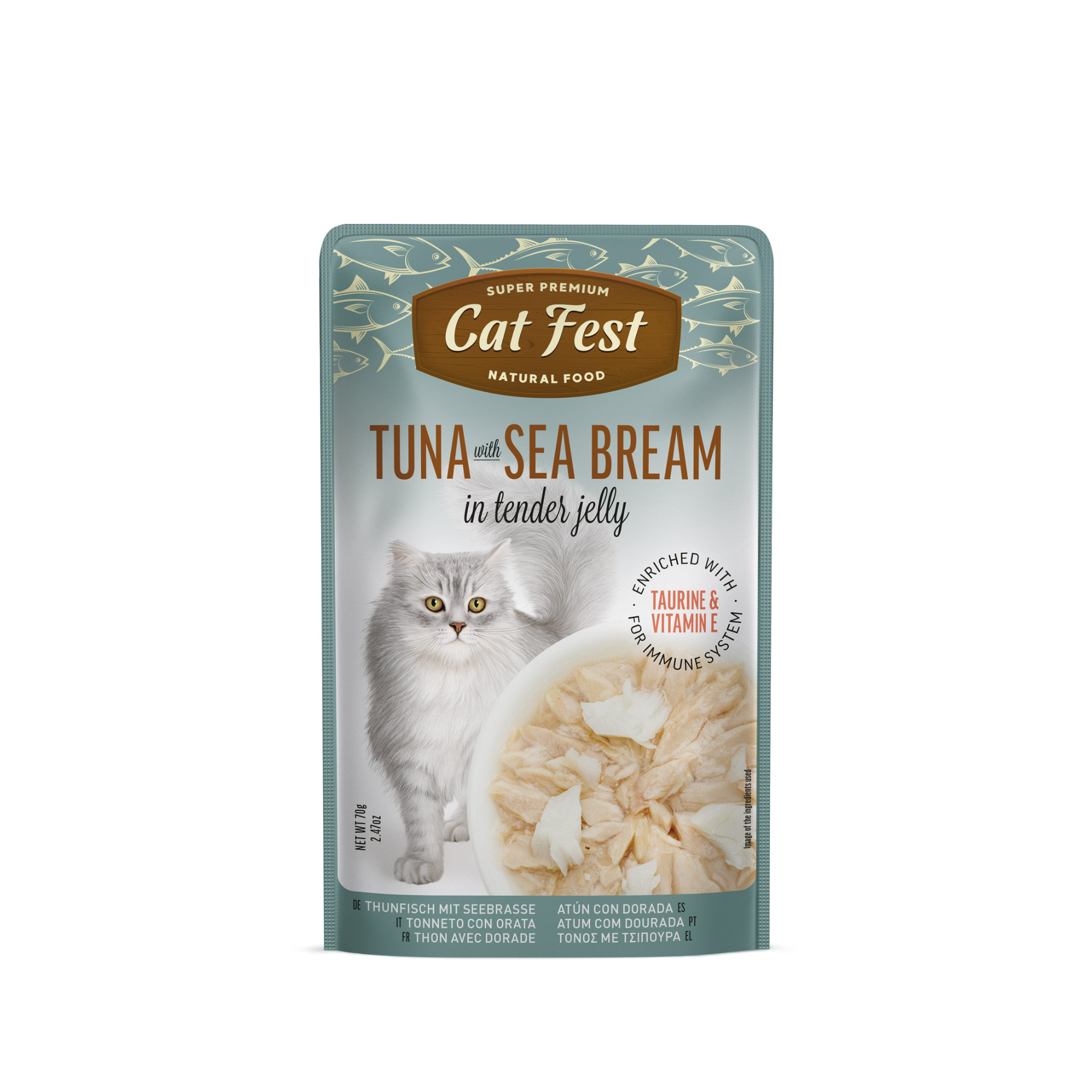 Alimento húmedo sachet atún con dorada para gatos adultos CatFest Pouch 70 GR fondo blanco