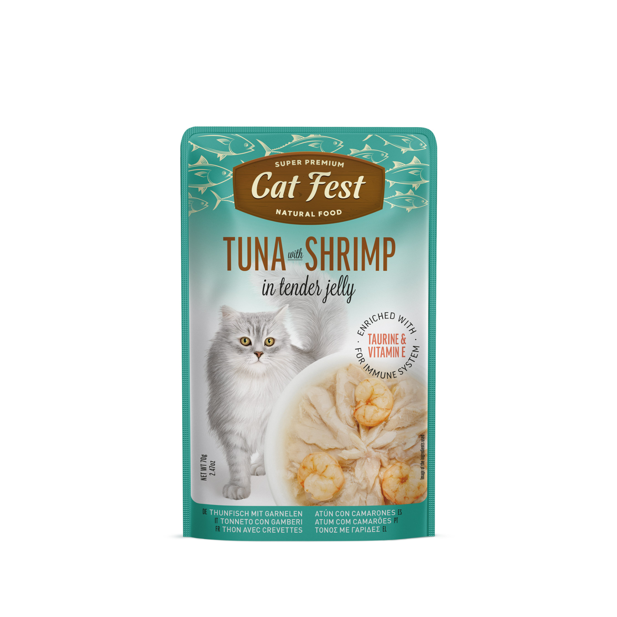Alimento húmedo sachet atún con camarón para gatos adultos CatFest Pouch 70 GR fondo blanco