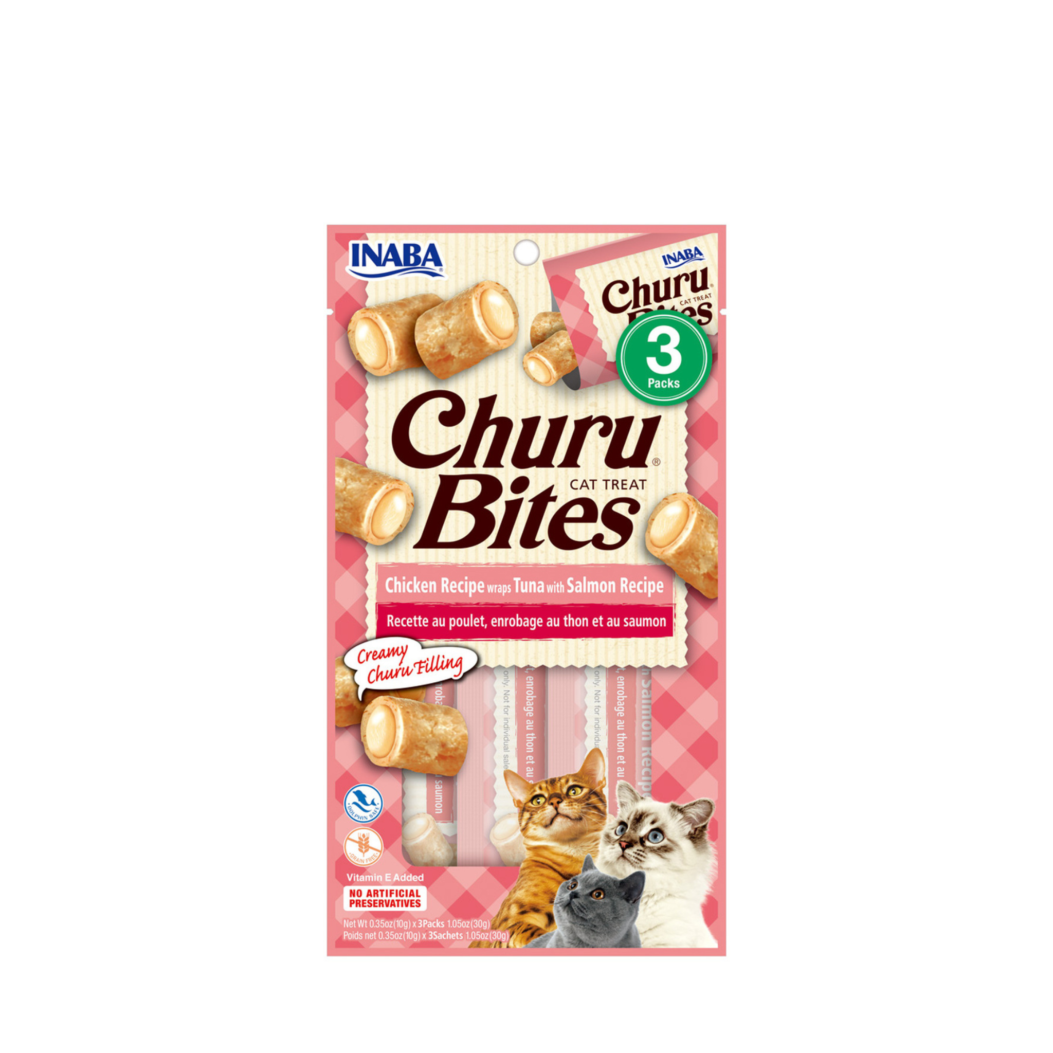 Premio Churu Bites Wraps para gatos Inaba sabor pollo atun y salmón pack 3 tubos fondo blanco