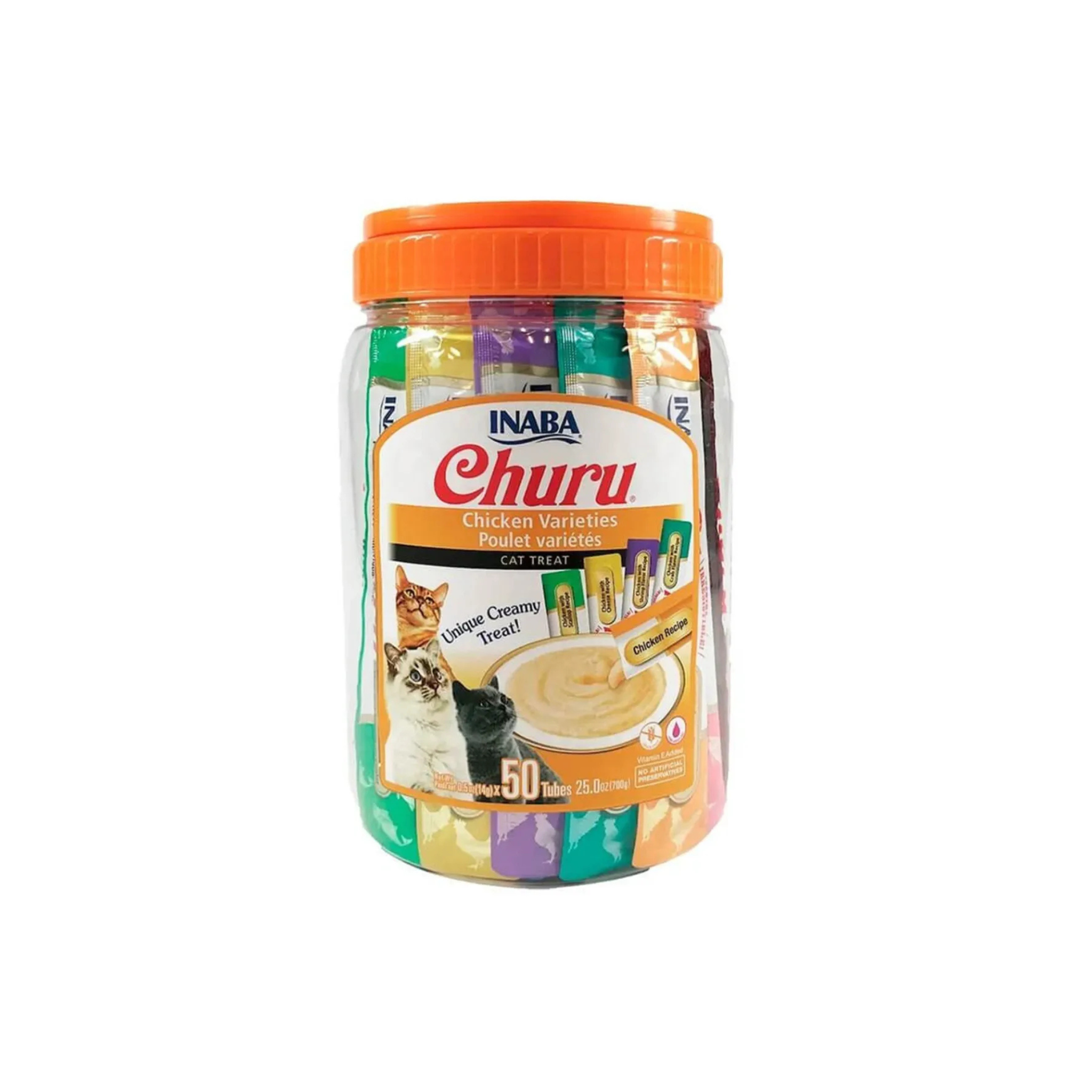 Snack cremoso para gatos Inaba Churu pote variedades sabor pollo pack 50 tubos fondo blanco
