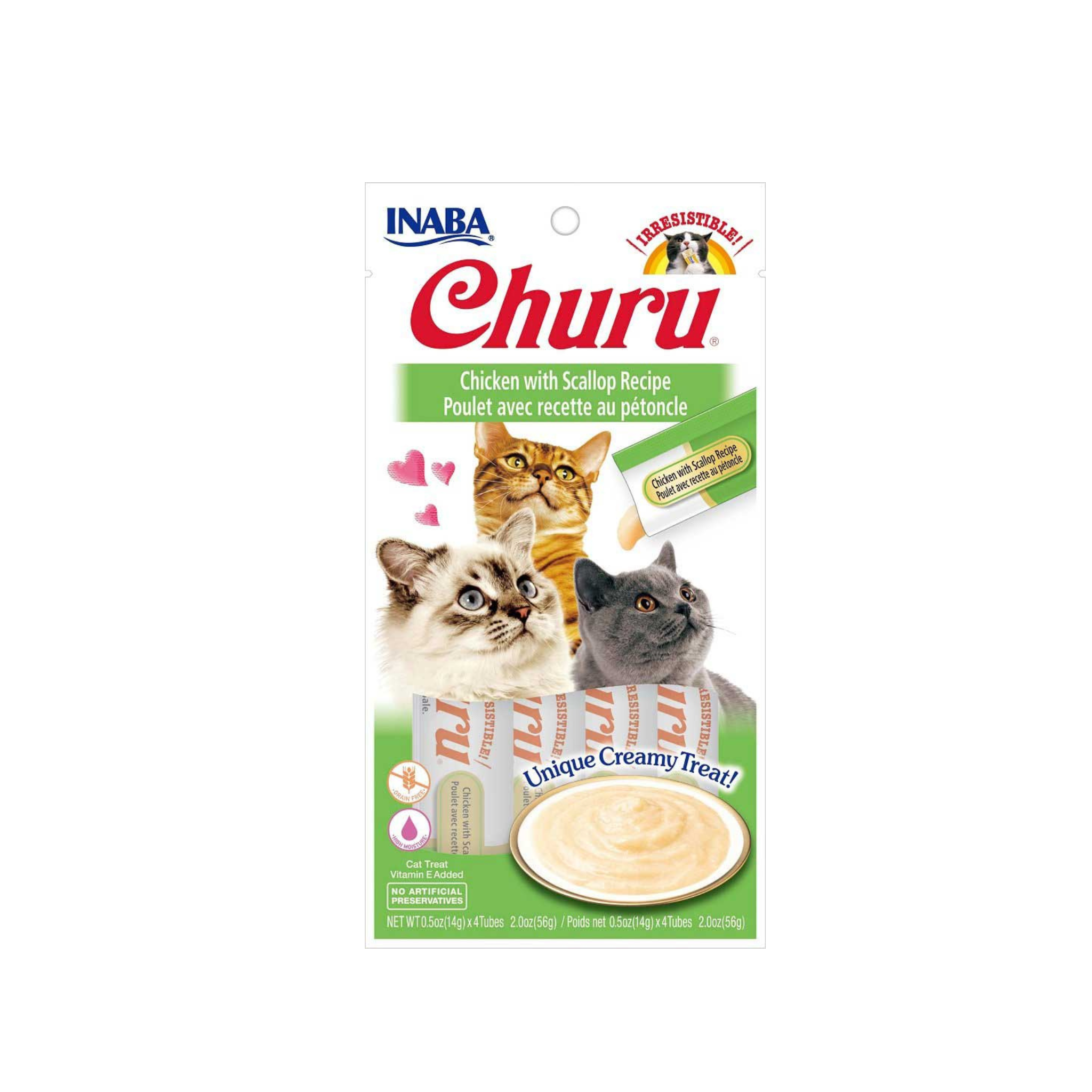 Snack cremoso para gatos Inaba Churu sabor pollo y ostión pack 4 tubos fondo blanco