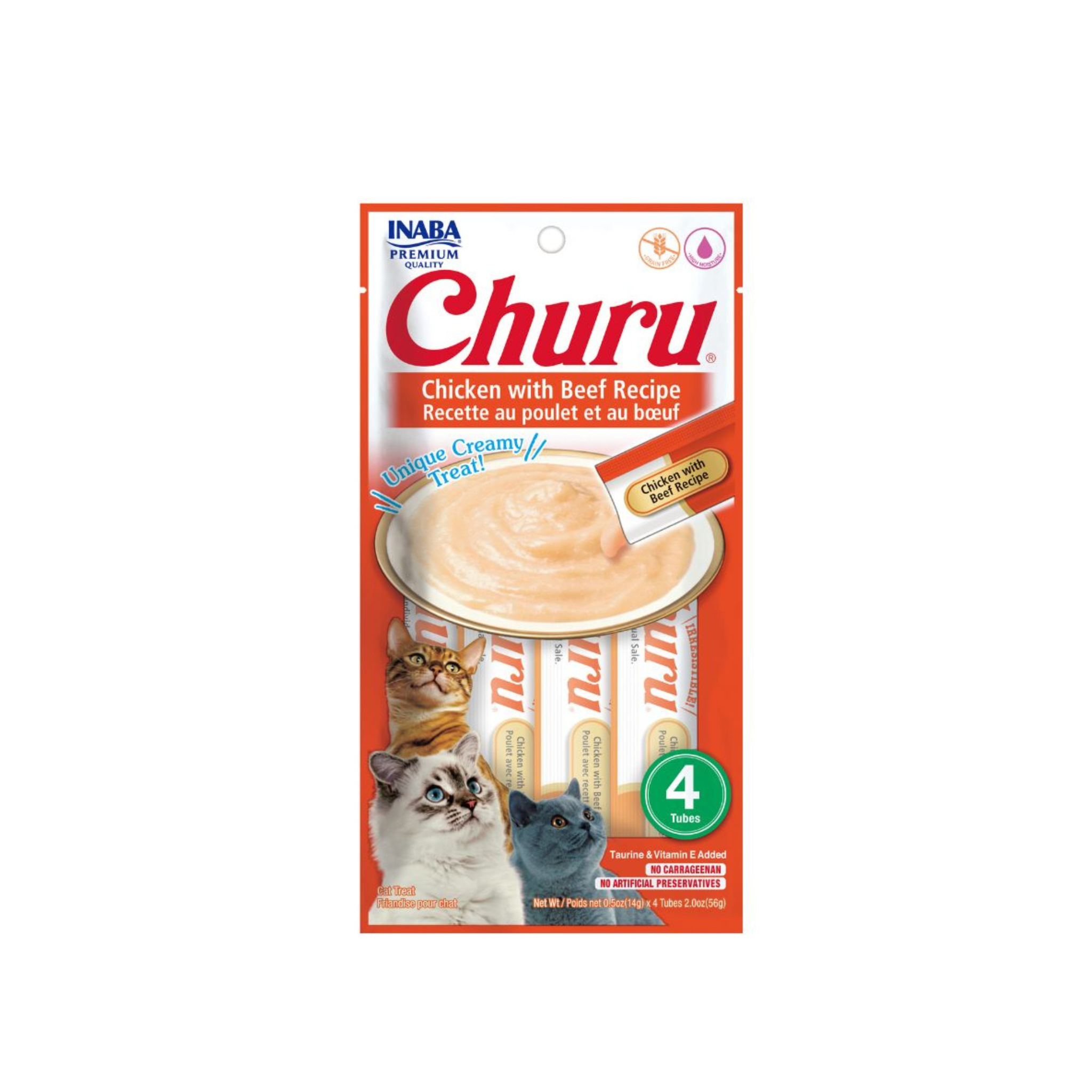 Snack cremoso para gatos Inaba Churu sabor pollo queso y vacuno pack 4 tubos fondo blanco