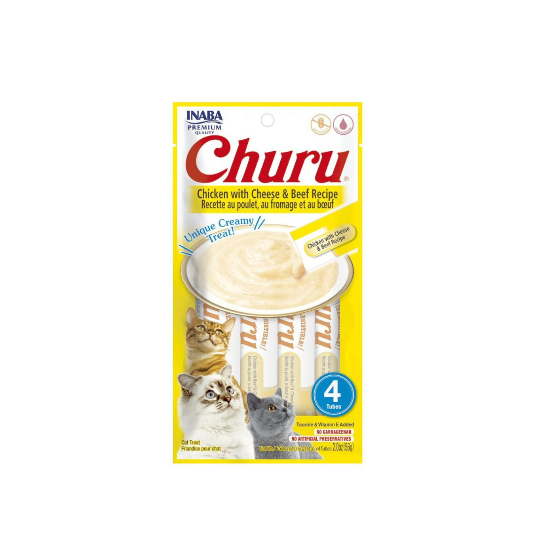 Snack cremoso para gatos Inaba Churu sabor pollo y queso pack 4 tubos fondo blanco