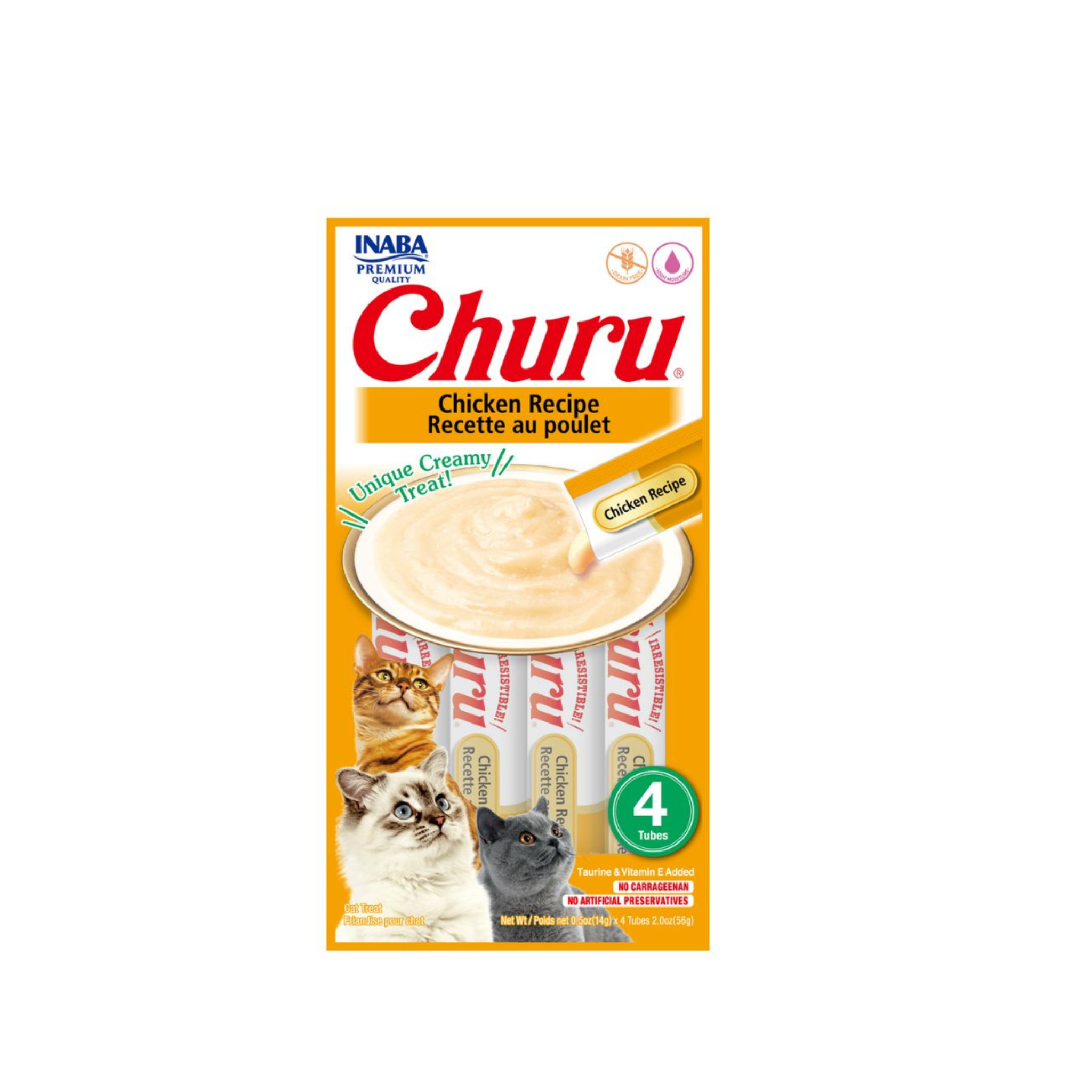 Snack cremoso para gatos Inaba Churu sabor pollo pack 4 tubos fondo blanco