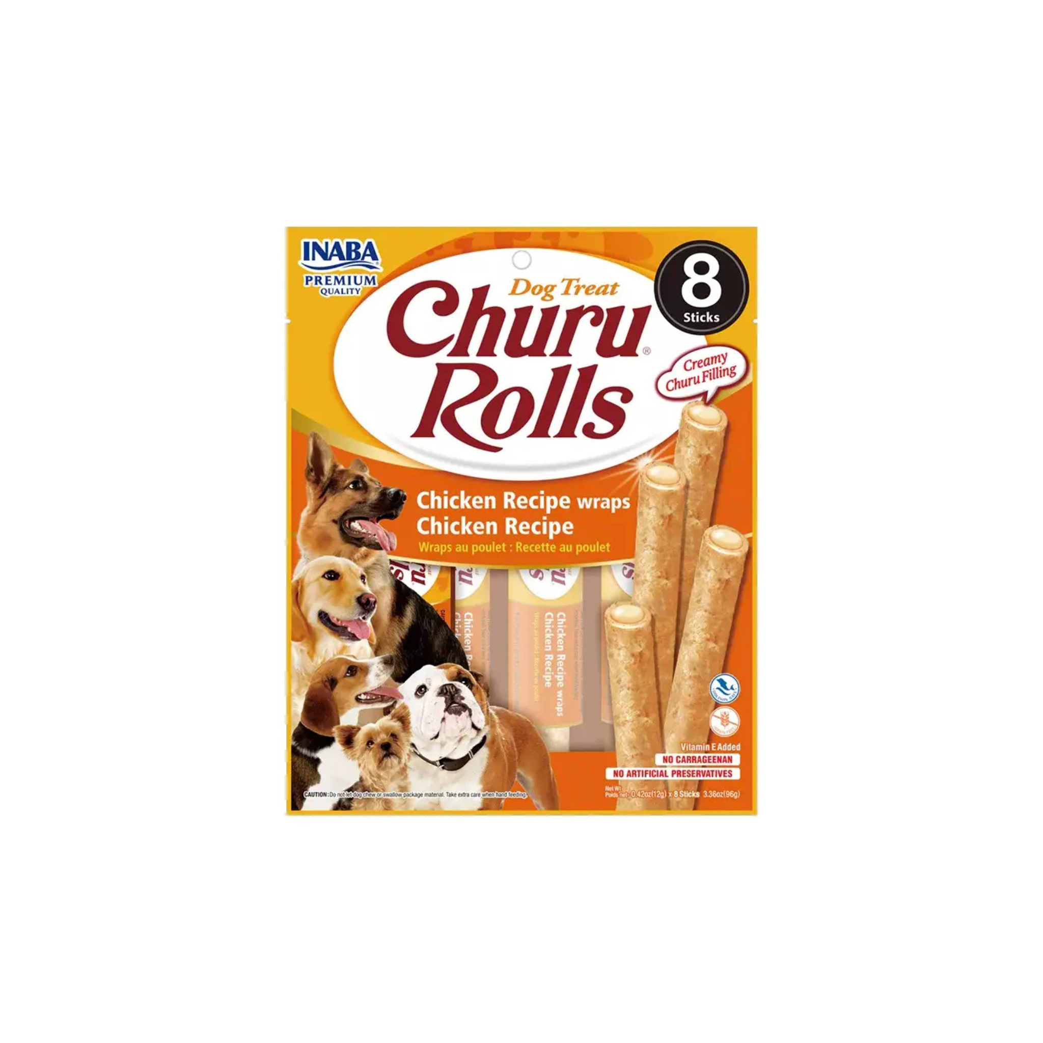 Premio palito cremoso para perros Inaba Churu Rolls sabor pollo pack 8 tubos fondo blanco