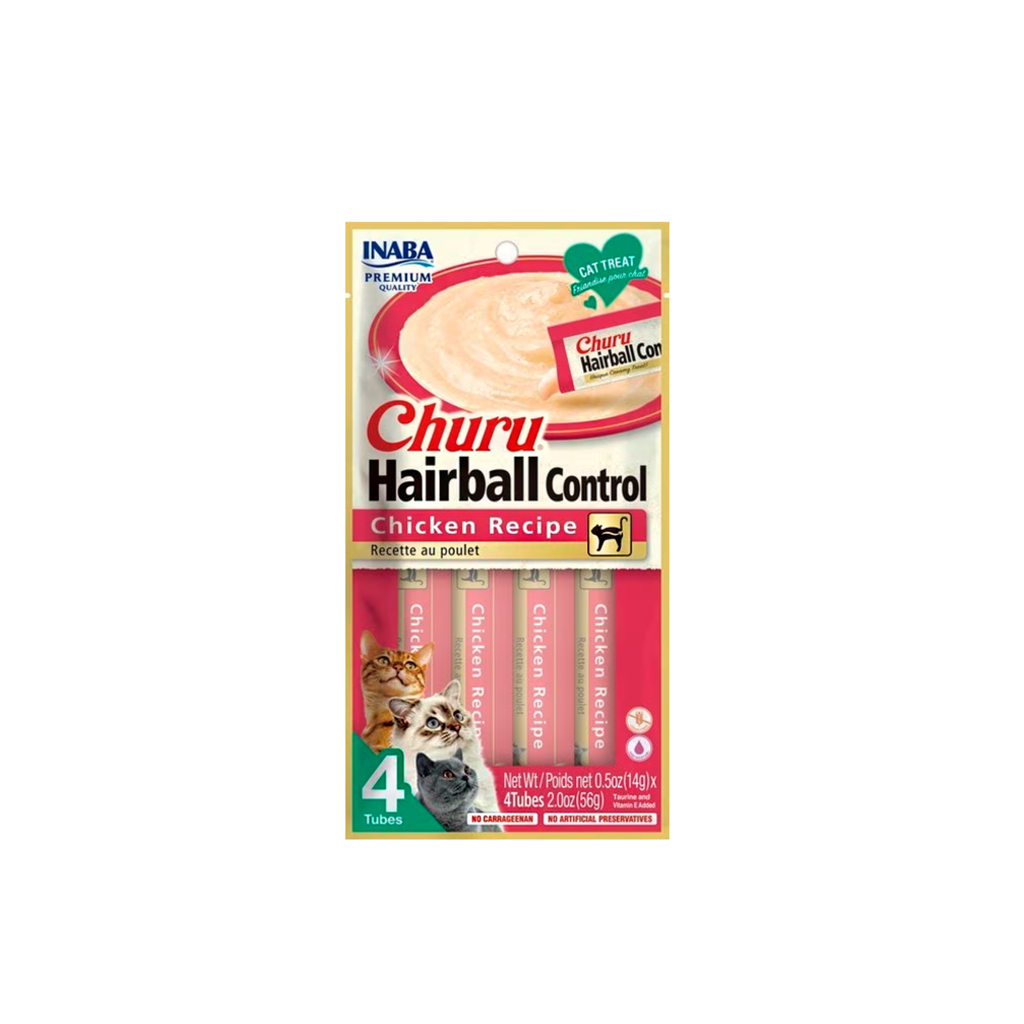 Snack cremoso control bolas de pelo para gatos Inaba Churu Hairball Control pollo pack 4 tubos fondo blanco