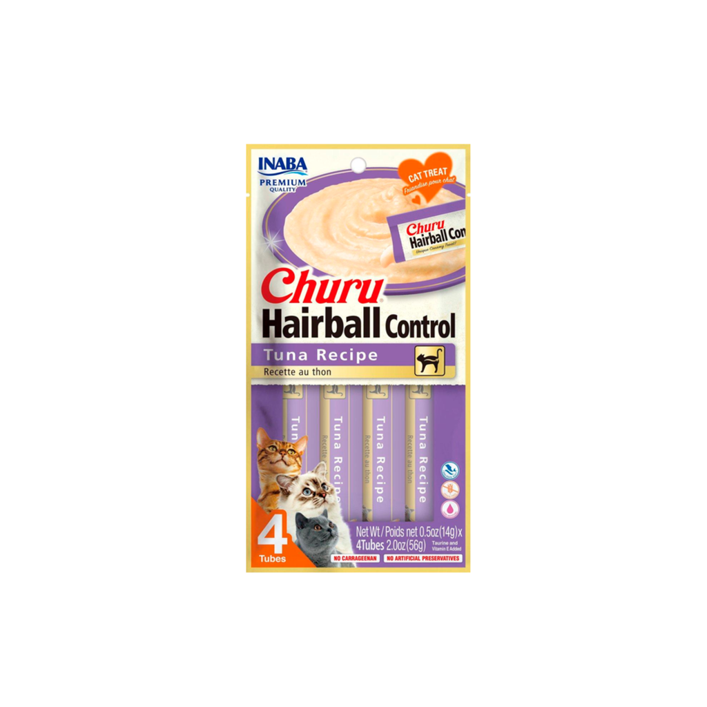 Snack cremoso control bolas de pelo para gatos Inaba Churu Hairball Control atún pack 4 tubos fondo blanco