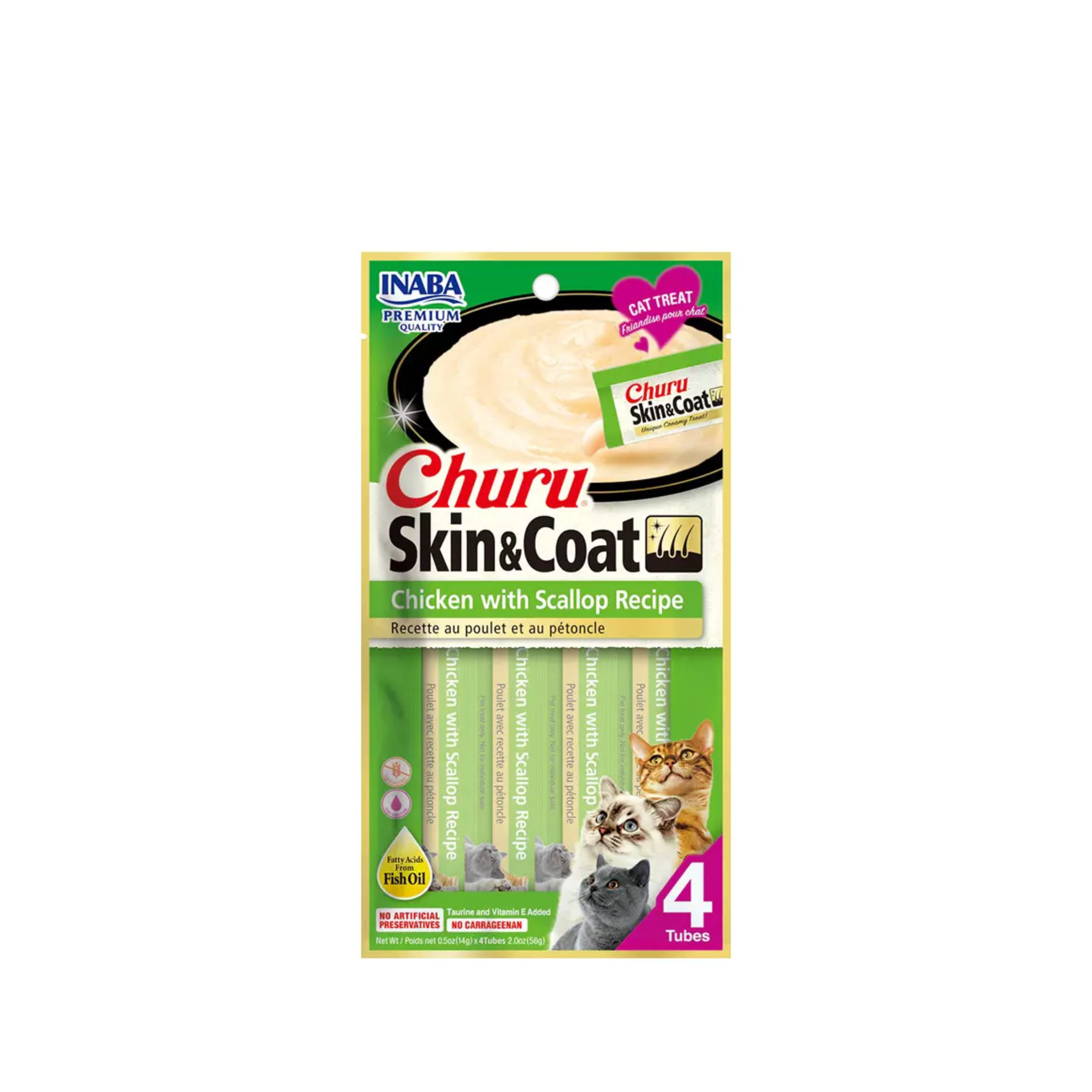 Snack cremoso piel y pelaje para gatos Inaba Churu Skin Coat pollo y ostión pack 4 tubos fondo blanco